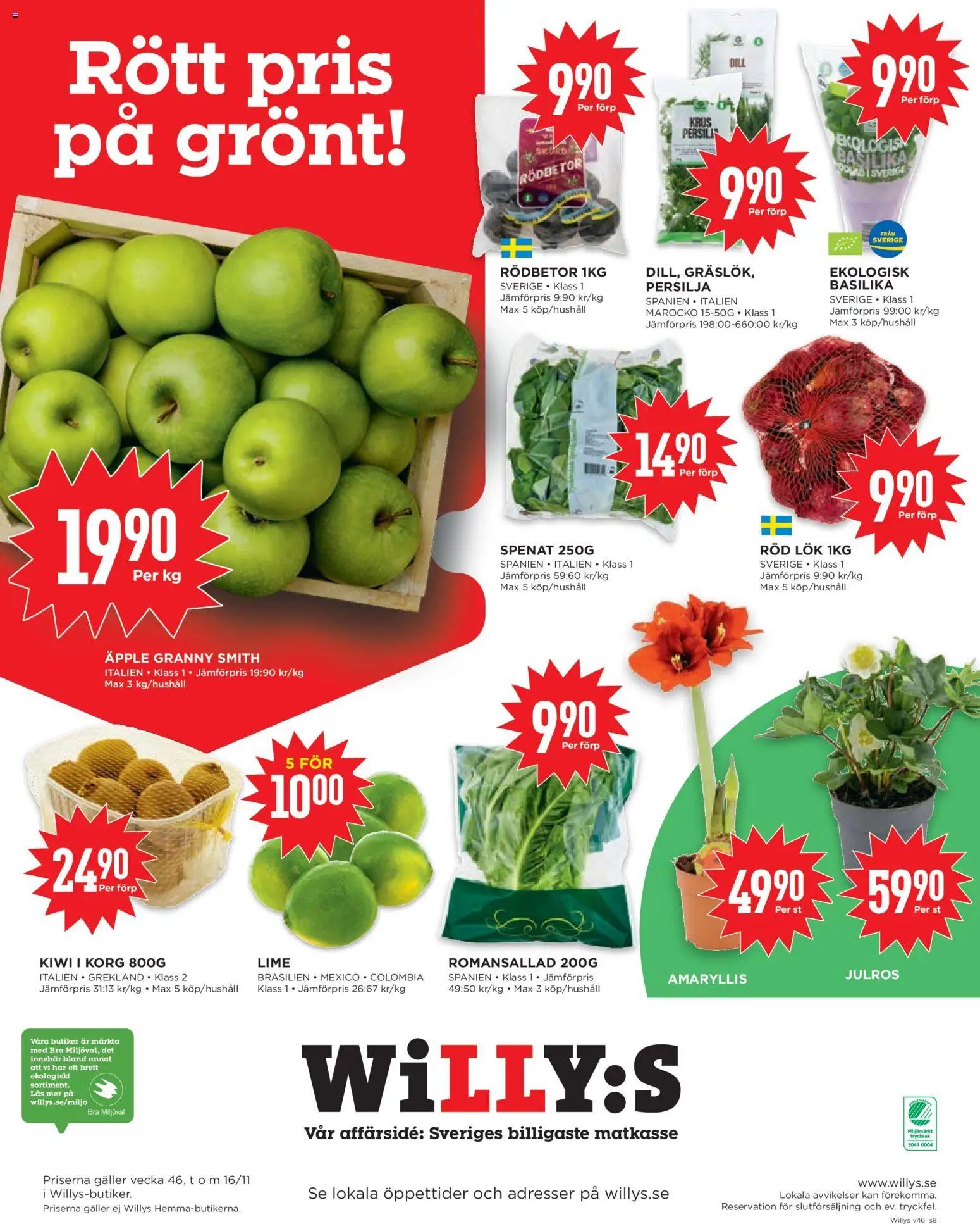 Willys reklamblad aktuell från 10.11.2025 | Sida: 8 | Produkter: Spenat, Äpple, Kiwi, Basilika