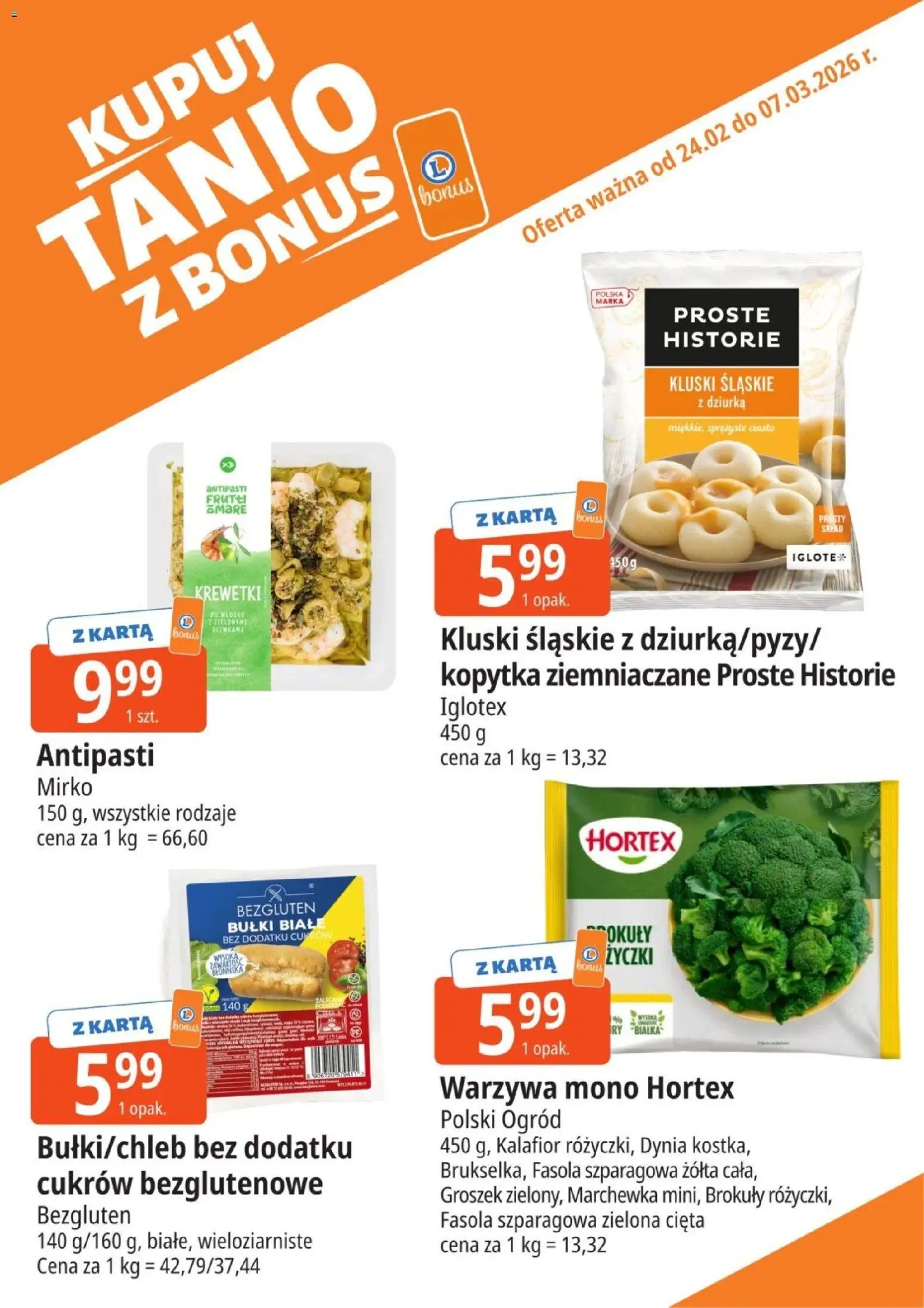 E.Leclerc Gazetka - Kupony dodatkowe od 24.02.2026 | Strona: 7 | Produkty: Karta, Krewetki, Kopytka, Marchewka