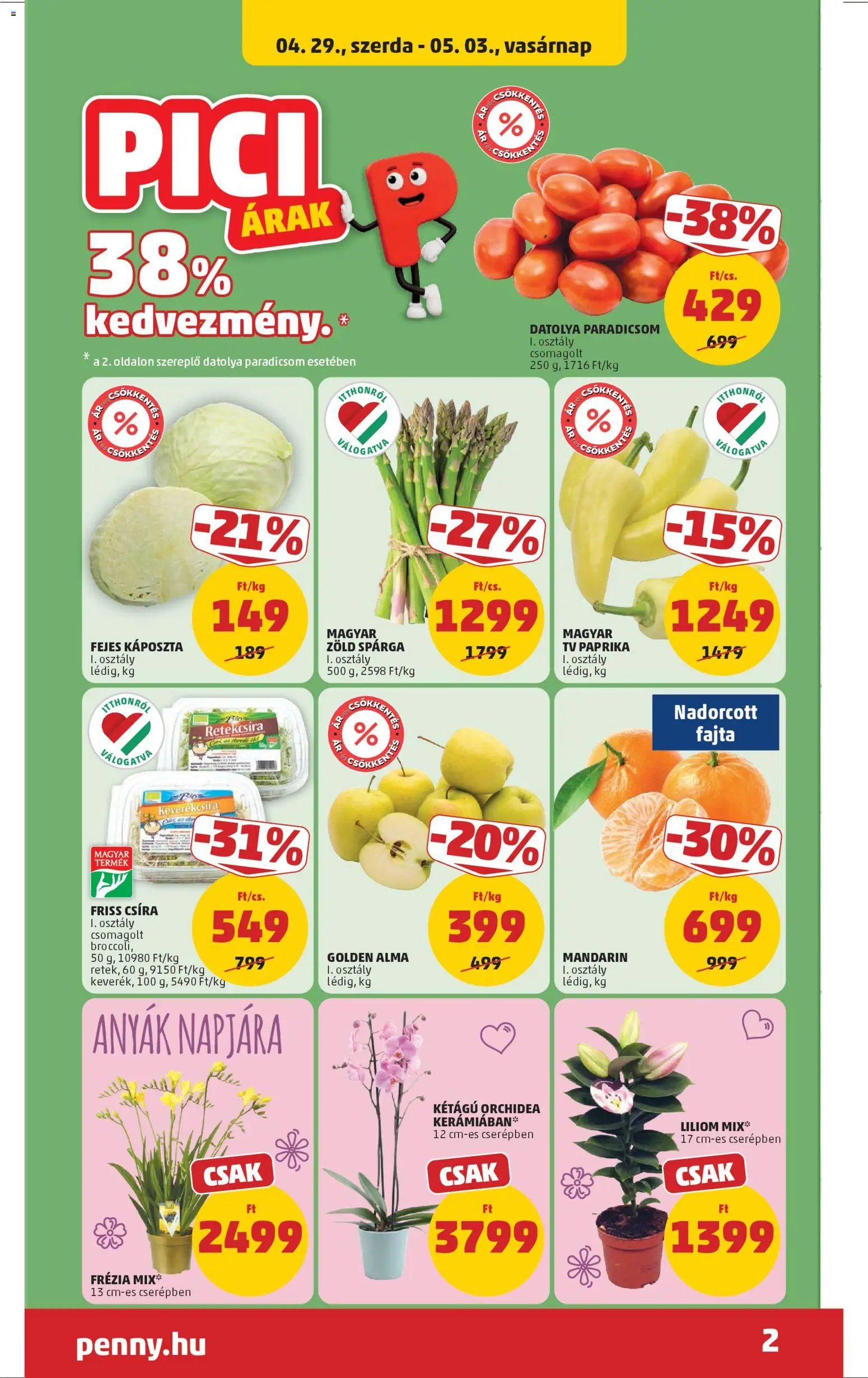 PENNY akciós ujság - amely érvényes a következő dátumtól: 29.04.2026 | Oldal: 2 | Termékek: Fejes káposzta, TV, Alma, Paradicsom