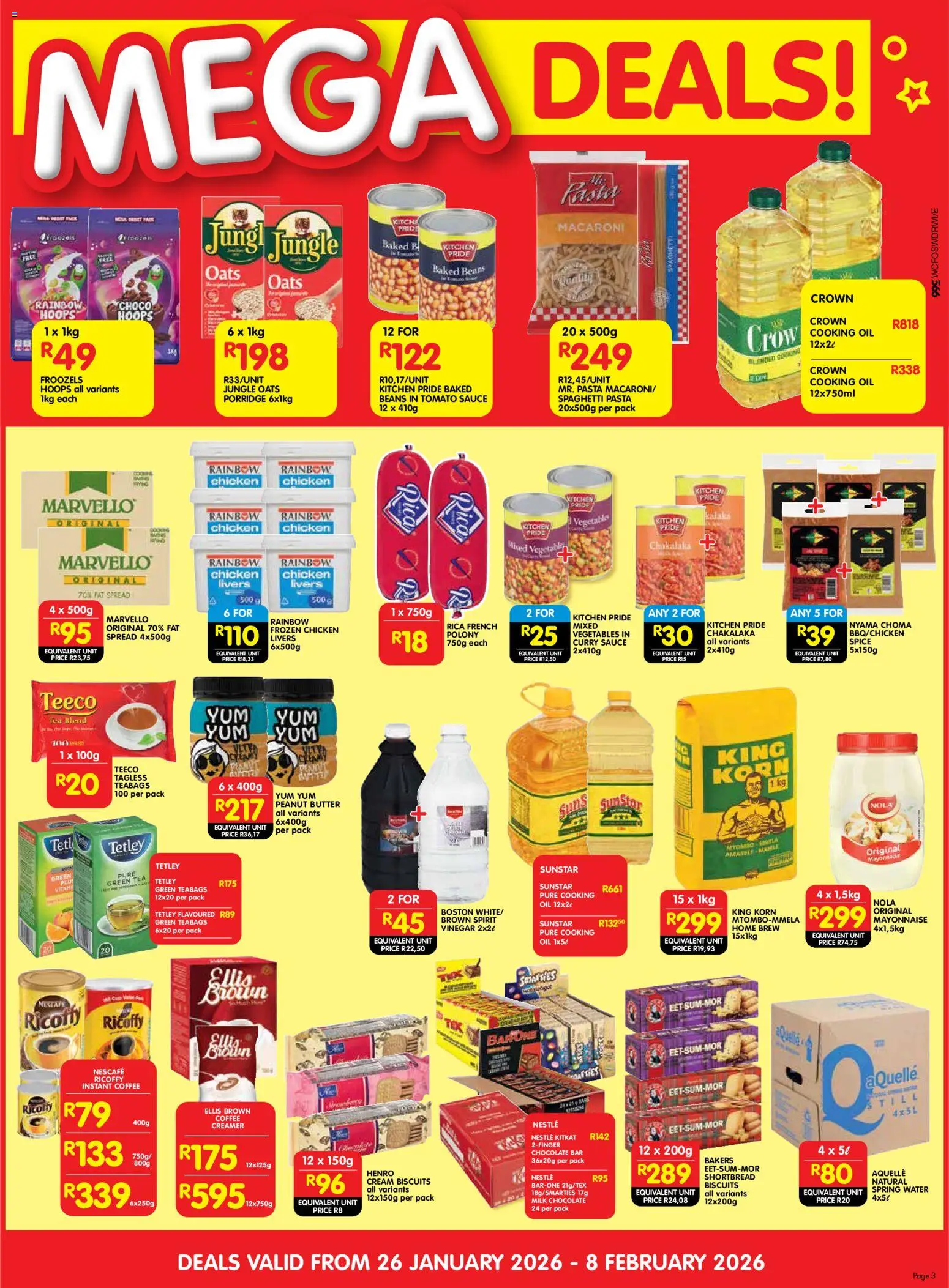 New Shoprite catalogue – valid from 26.01.2026 | Page: 3 | Products: Oil, Water, Vegetables, Sauce