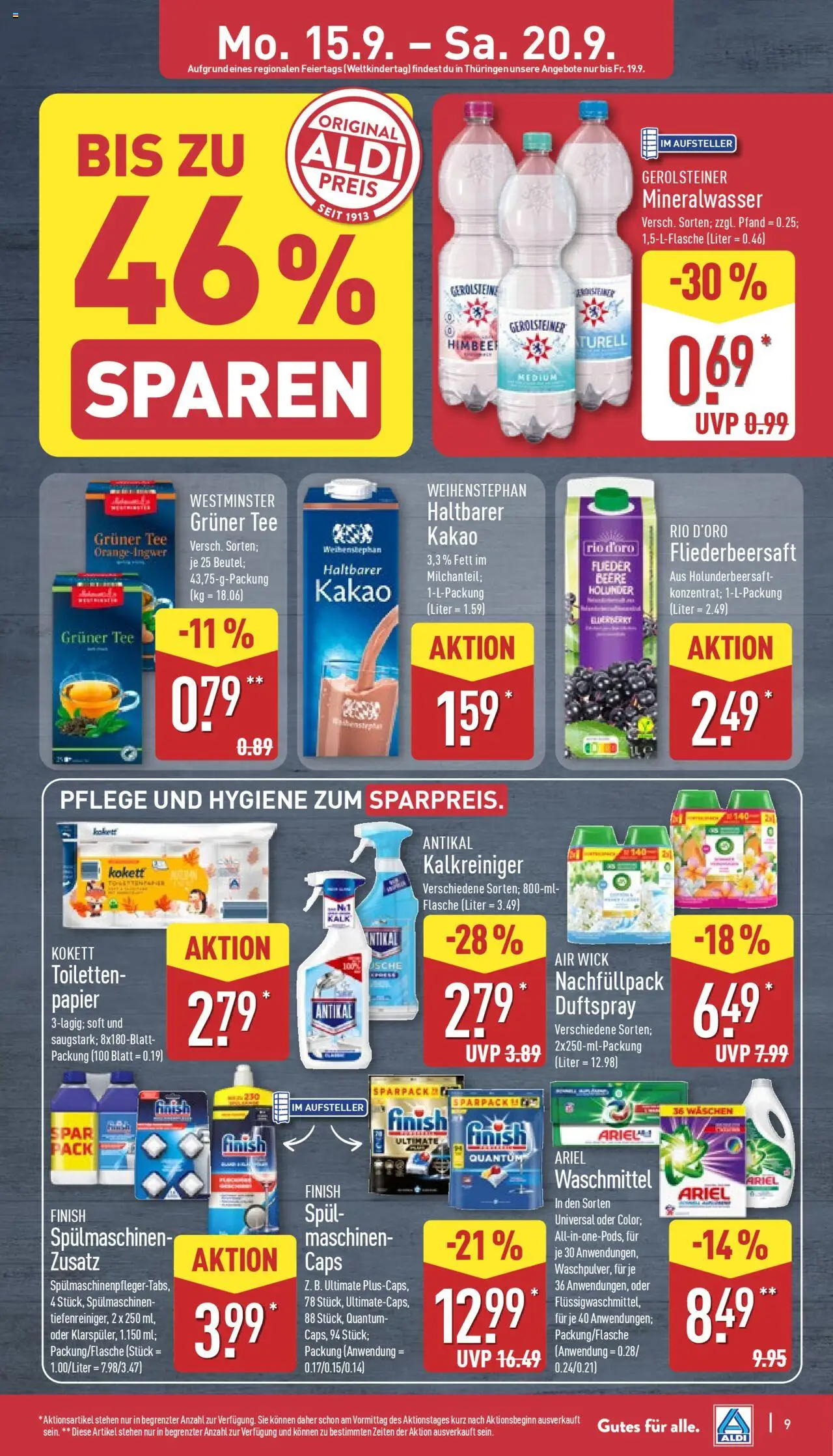 Aldi Prospekt 	 – gültig ab 15.09.2025 | Seite: 9 | Produkte: Finish, Waschmittel, Tee, Gerolsteiner