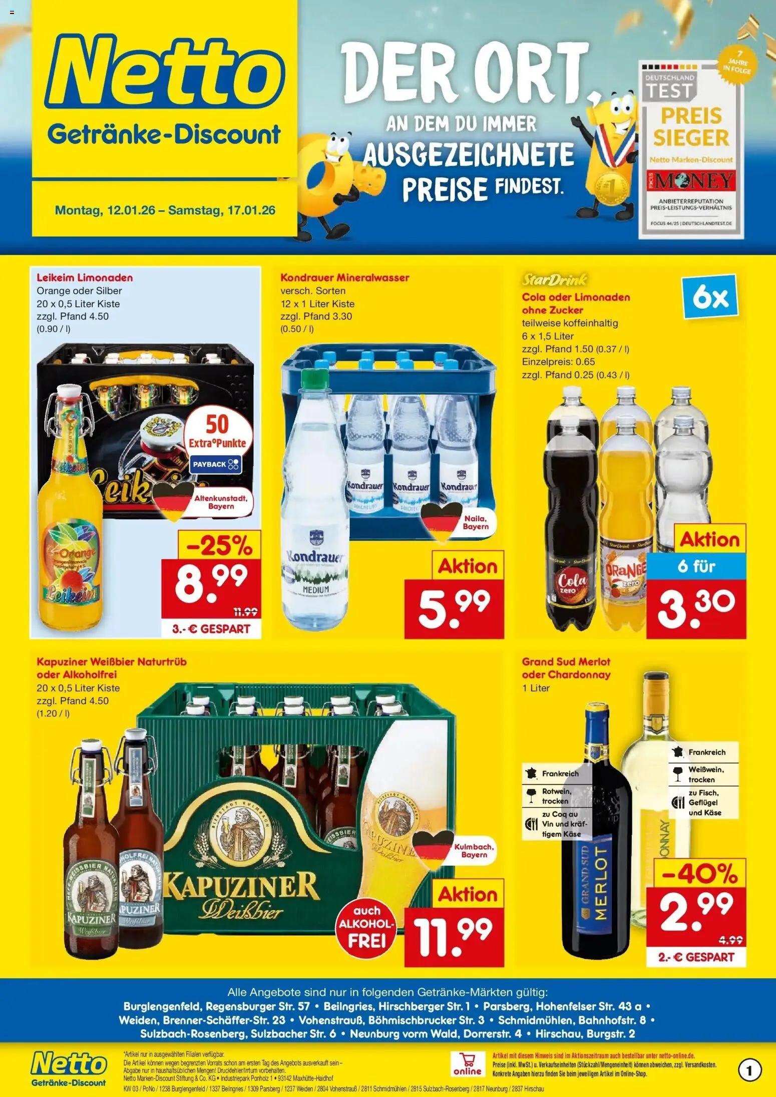 Netto Marken-Discount prospekt Hirschau	 – gültig ab 12.01.2026 | Seite: 1 | Produkte: Cola, Merlot, Zucker, Grand sud