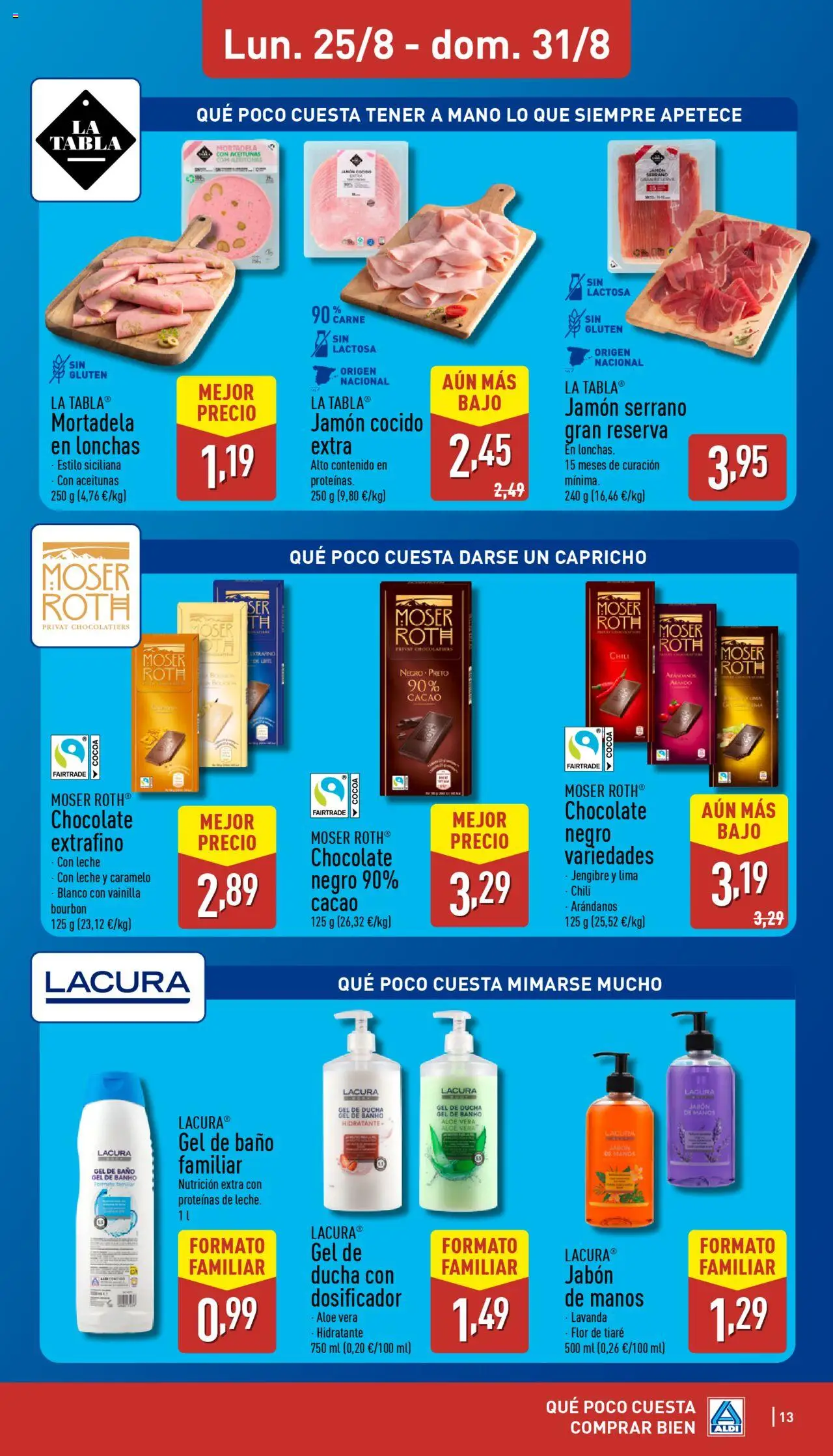 Aldi folleto Península │ válido desde el 25.08.2025 | Página: 13 | Productos: Leche, Jamón, Mortadela, Baño