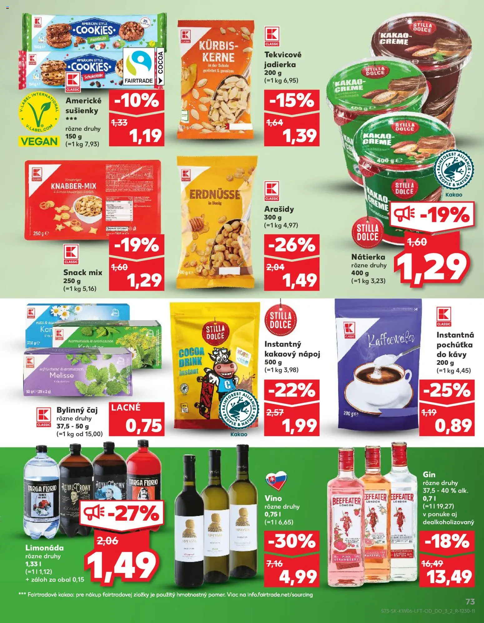 Nové Kaufland akcie – leták je platný od 05.02.2026 | Strana: 73 | Produkty: Beefeater, Gin, Arašidy, Kakao
