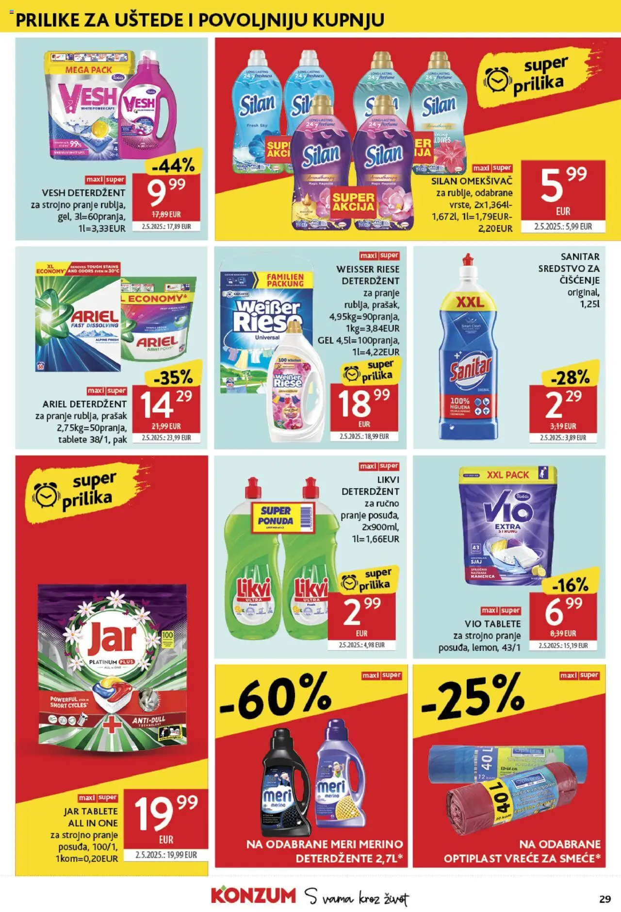 Konzum katalog | vrijedi od 25.06.2025 | Stranica: 29 | Proizvodi: Omekšivač, Deterdžent, Meri Merino, Ariel