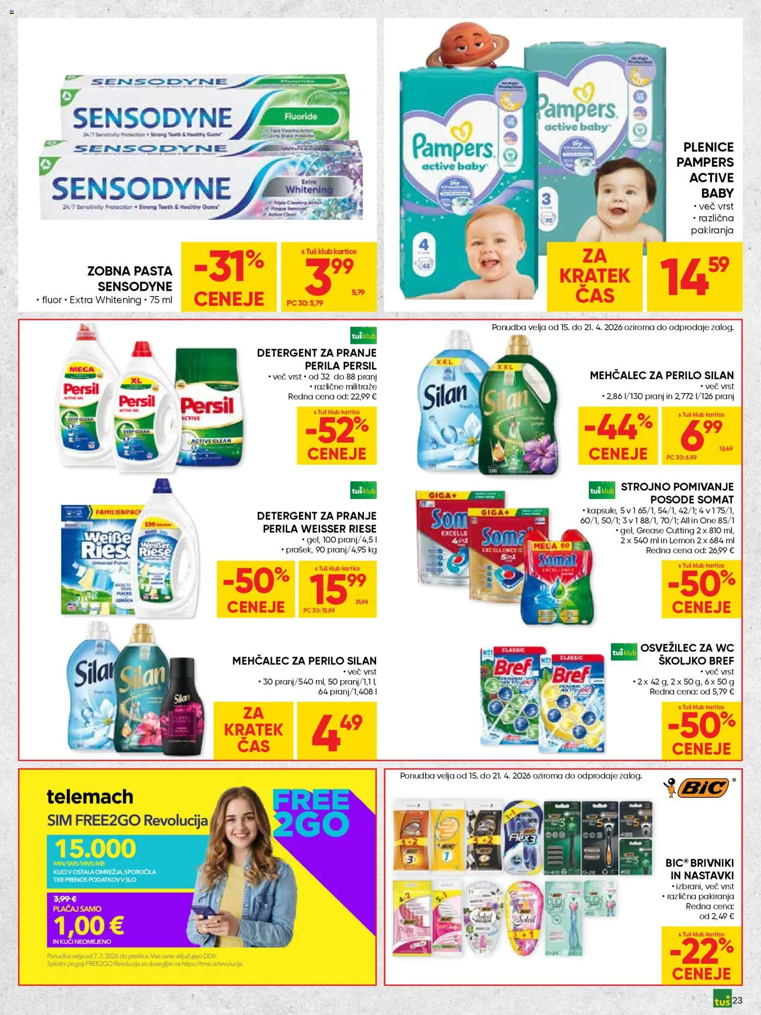 Novi Tuš katalog ponudbe – veljaven od 15.04.2026 | Stran: 23 | Izdelki: Plenice, Mehčalec, Zobna pasta, Detergent