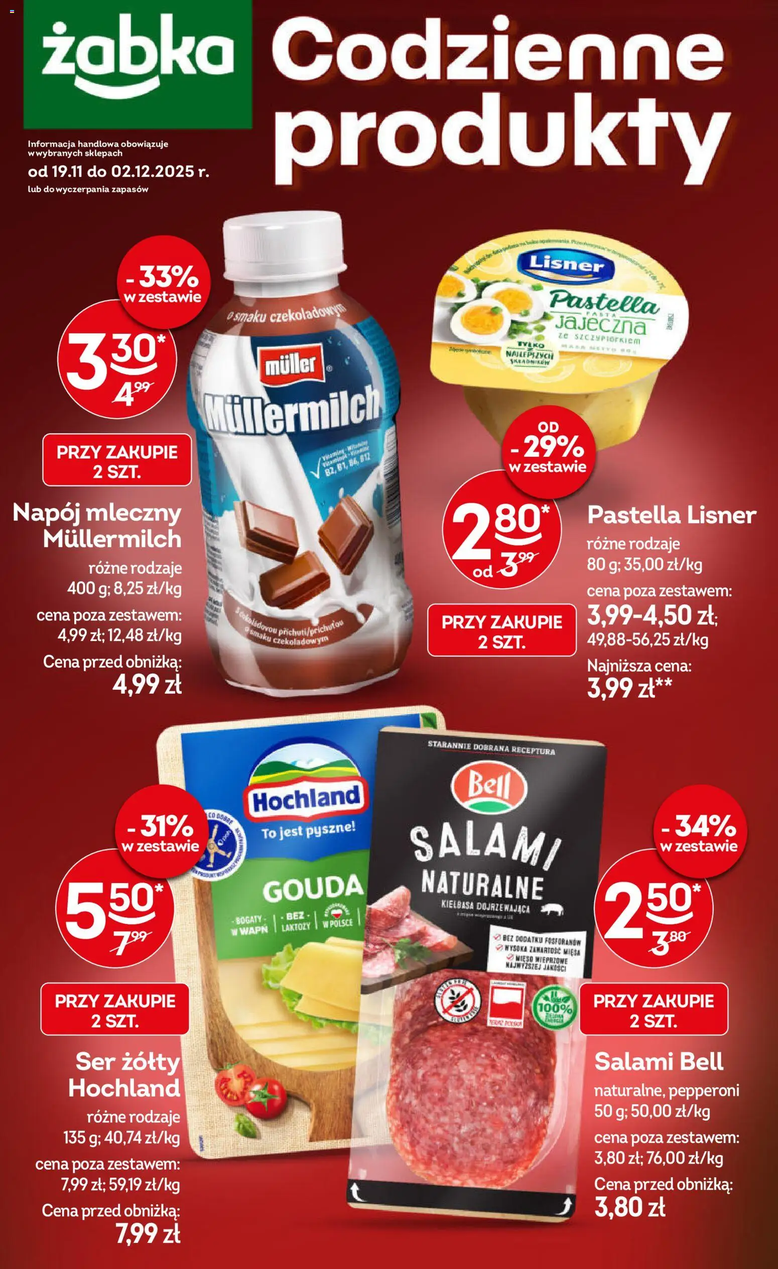 Żabka Gazetka - Codzienne produkty od 19.11.2025 | Strona: 1 | Produkty: Kiełbasa, Ser żółty, Mięso, Bell