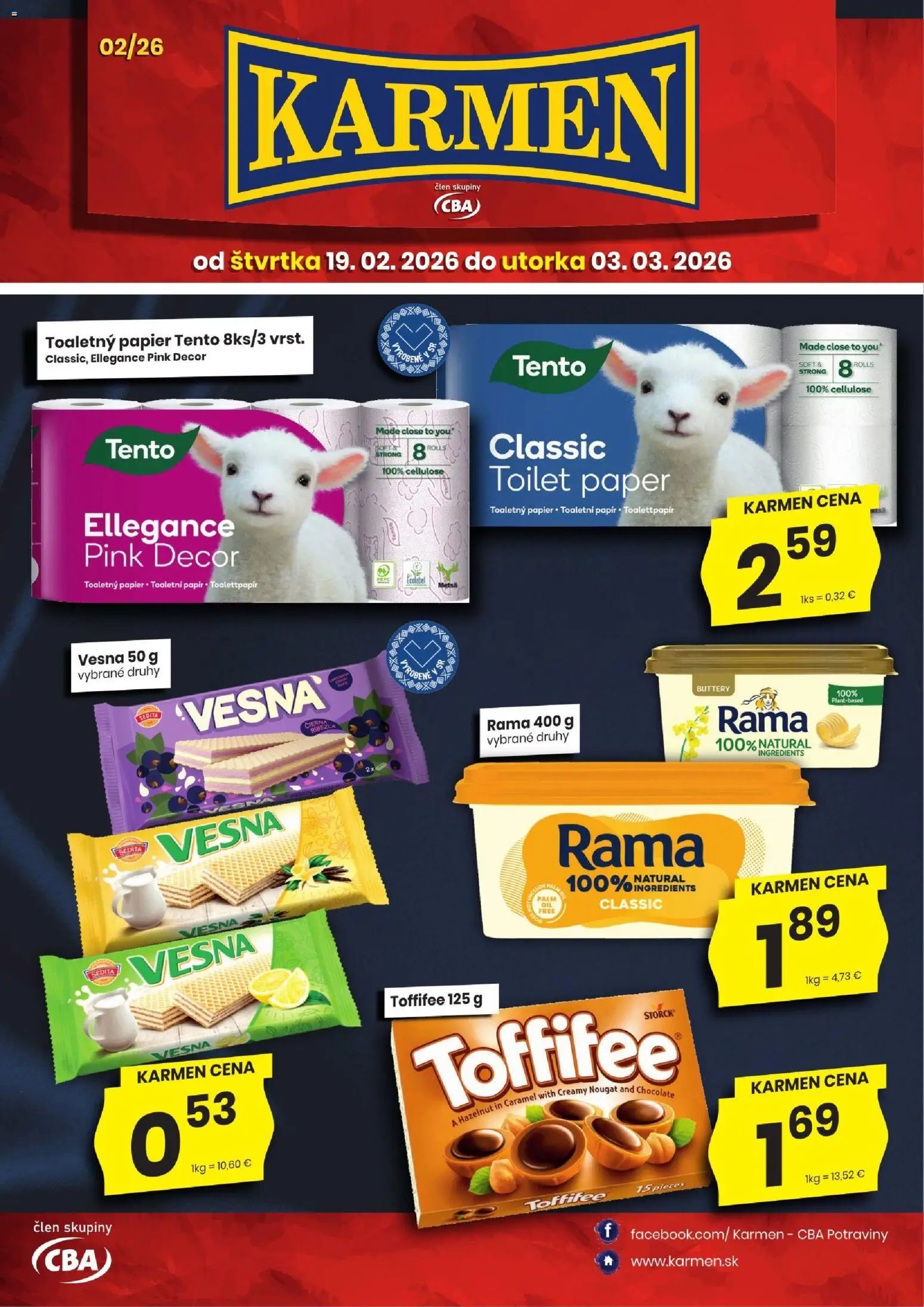 Nové KARMEN CBA akcie – leták je platný od 19.02.2026 | Strana: 1 | Produkty: Toaletný papier, Toffifee, Rama