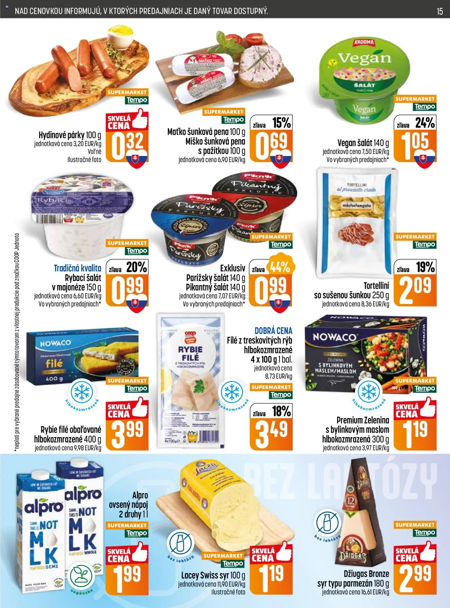 Nové COOP Jednota akcie – leták je platný od 05.02.2026 | Strana: 15 | Produkty: Parmezán, Šalát, Párky, Alpro