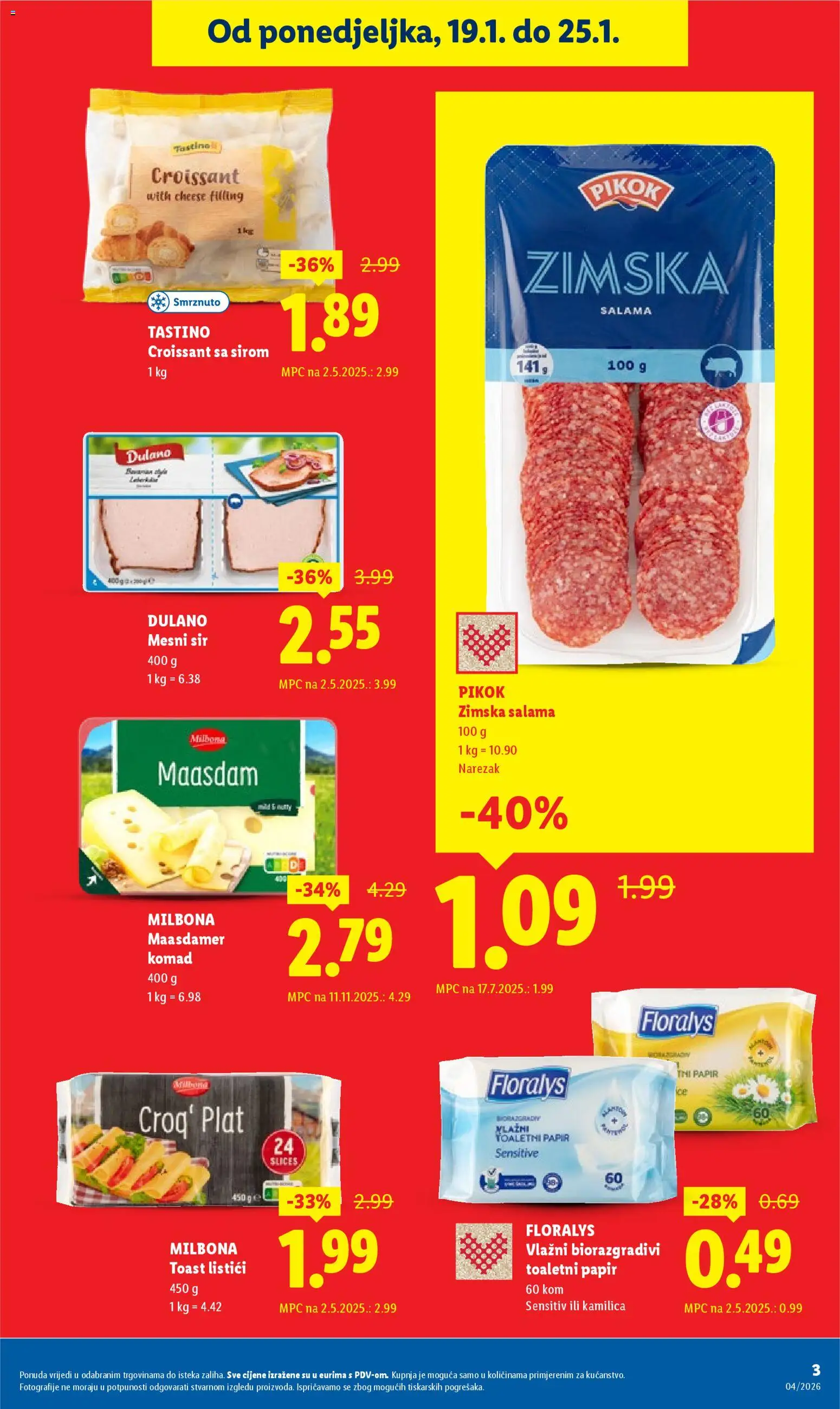 Lidl katalog | vrijedi od 19.01.2026 | Stranica: 3 | Proizvodi: Sir, Salama, Narezak, Toaletni papir