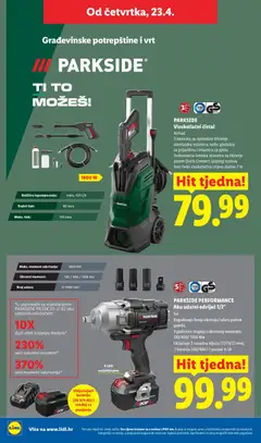 PARKSIDE PERFORMANCE Aku udarni odvijač 1/2", Set. Reguliranje broja okretaja/udara putem gumba. 3 podesiva stupnja zakretnog momenta: 130/400/1356 Nm. Uključuje 3 nasadna ključa (17/19/21 mm), 1 bateriju 20V/4Ah i 1 punjač 4,5A - Pregled kataloga iz trgovine Lidl, vrijedi od 20.04.2026 | Stranica: 34