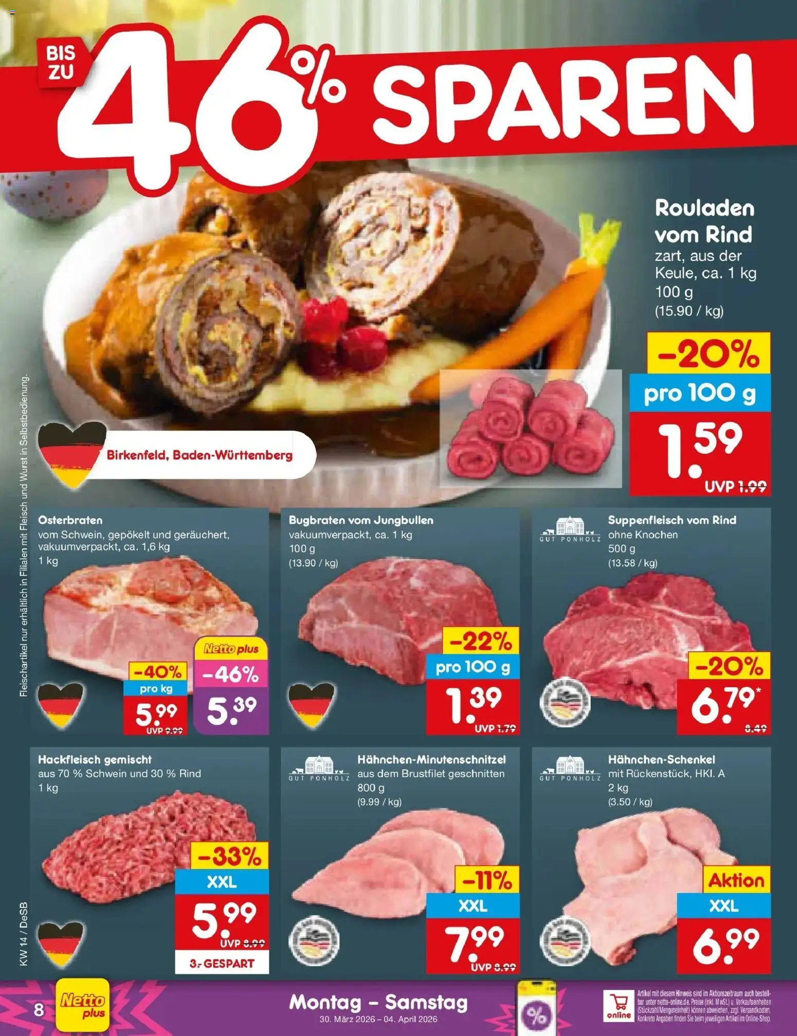 Netto Marken-Discount Prospekt Waiblingen-Bittenfeld	 – gültig ab 30.03.2026 | Seite: 8 | Produkte: Hahnchenschenkel, Suppenfleisch, Fleisch, Hackfleisch