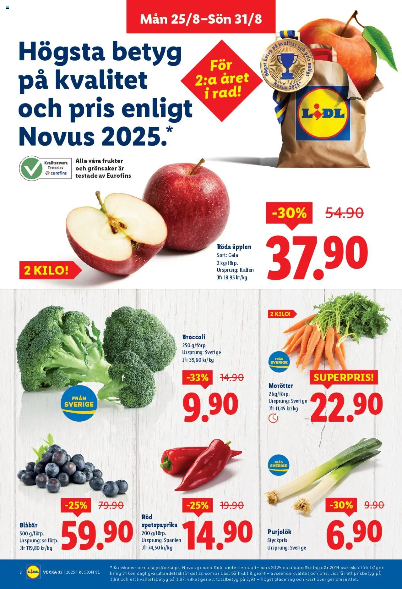 Lidl reklamblad aktuell från 25.08.2025 | Sida: 2 | Produkter: Äpplen, Blåbär, Broccoli