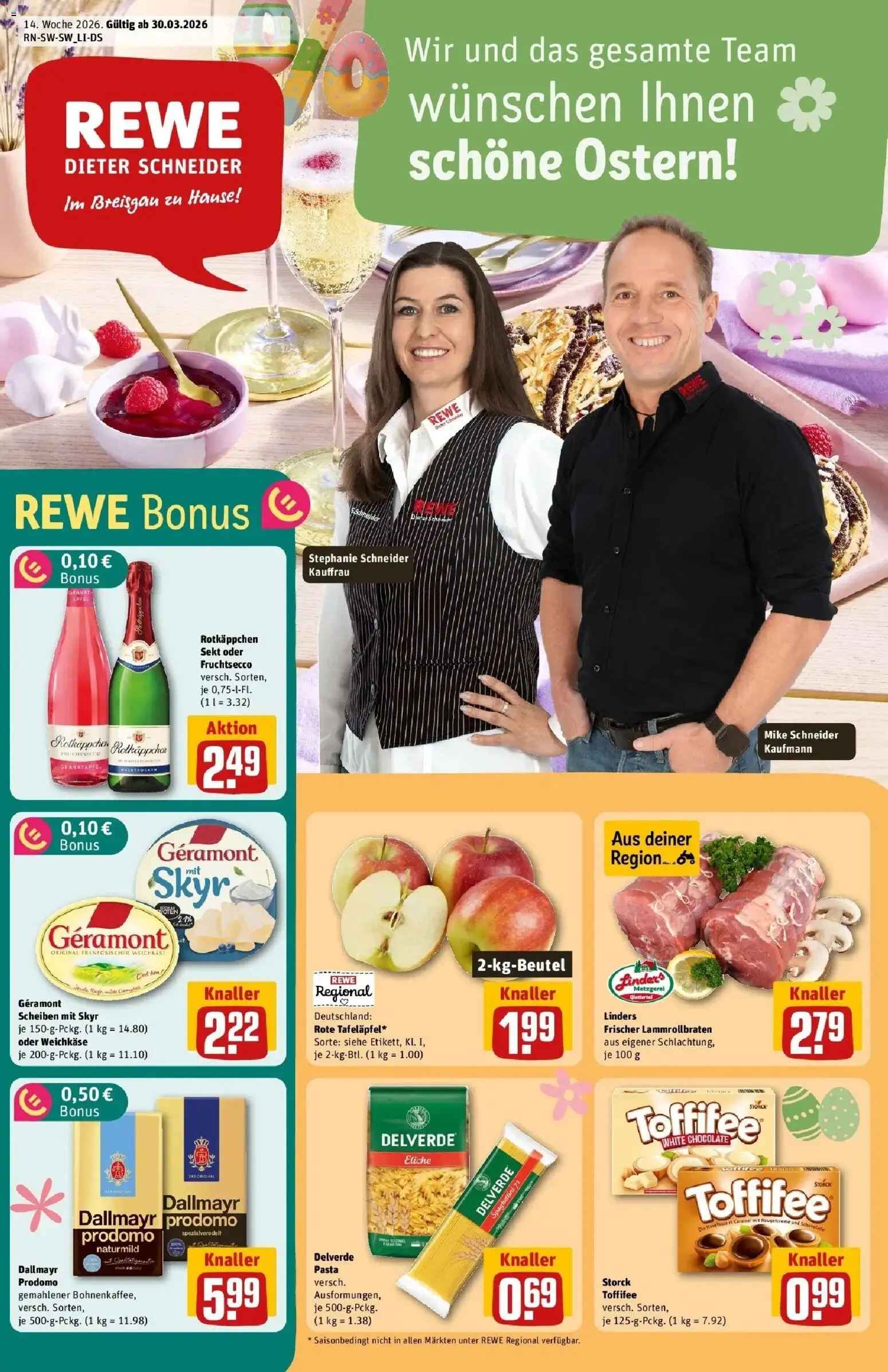 Rewe Prospekt Gundelfingen	 – gültig ab 30.03.2026 | Seite: 1 | Produkte: Äpfel, Fruchtsecco, Dallmayr, Pasta