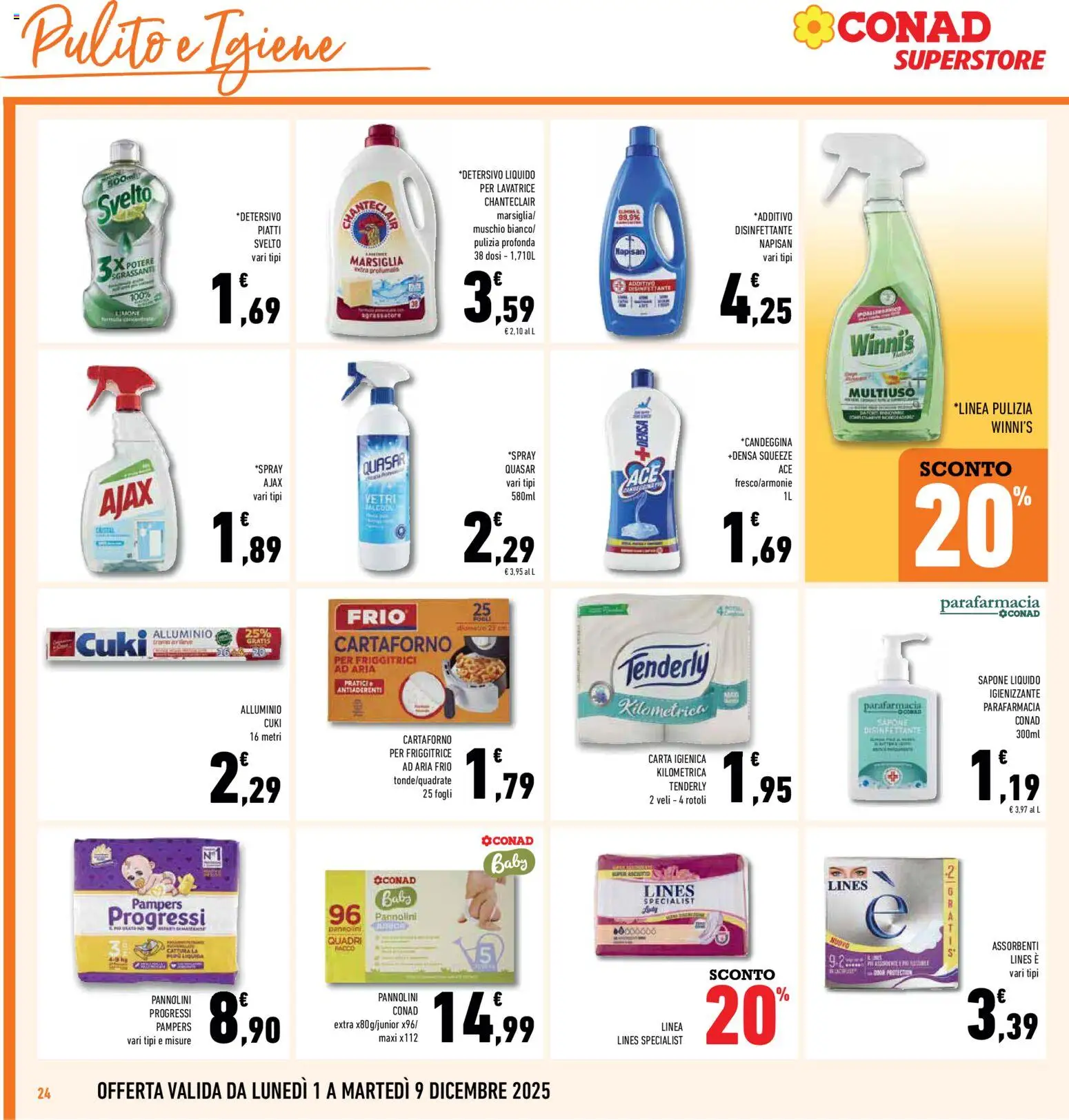 Volantino Conad del 01.12.2025 | Pagina: 24 | Prodotti: Carta igienica, Sapone, Pampers, Alluminio
