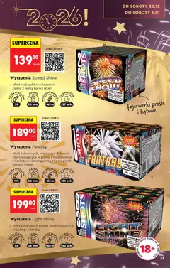 Pogląd oferty "Wyrzutnia Speed Show, efekt rozbłysków w kształcie palmy z feerią barw i iskier, 28 strzałów, kaliber 30 mm, wysokość strzałów ~45 m, czas efektów ~27 sek." - ważna od 13.12.2025 | Strona: 37