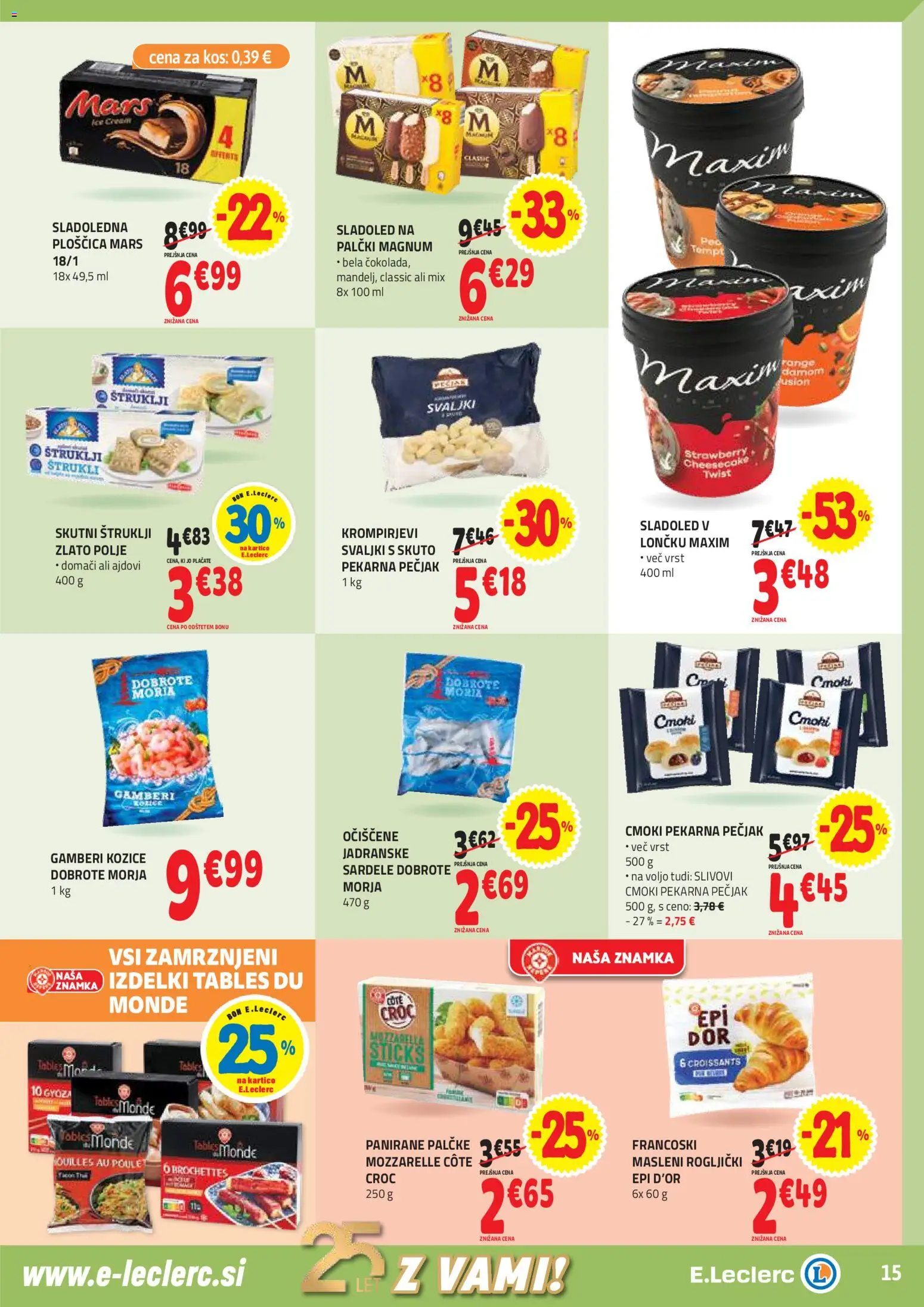 Novi E.leclerc katalog ponudbe – veljaven od 29.10.2025 | Stran: 15 | Izdelki: Kozice, Rogljički, Sardele, Sladoled