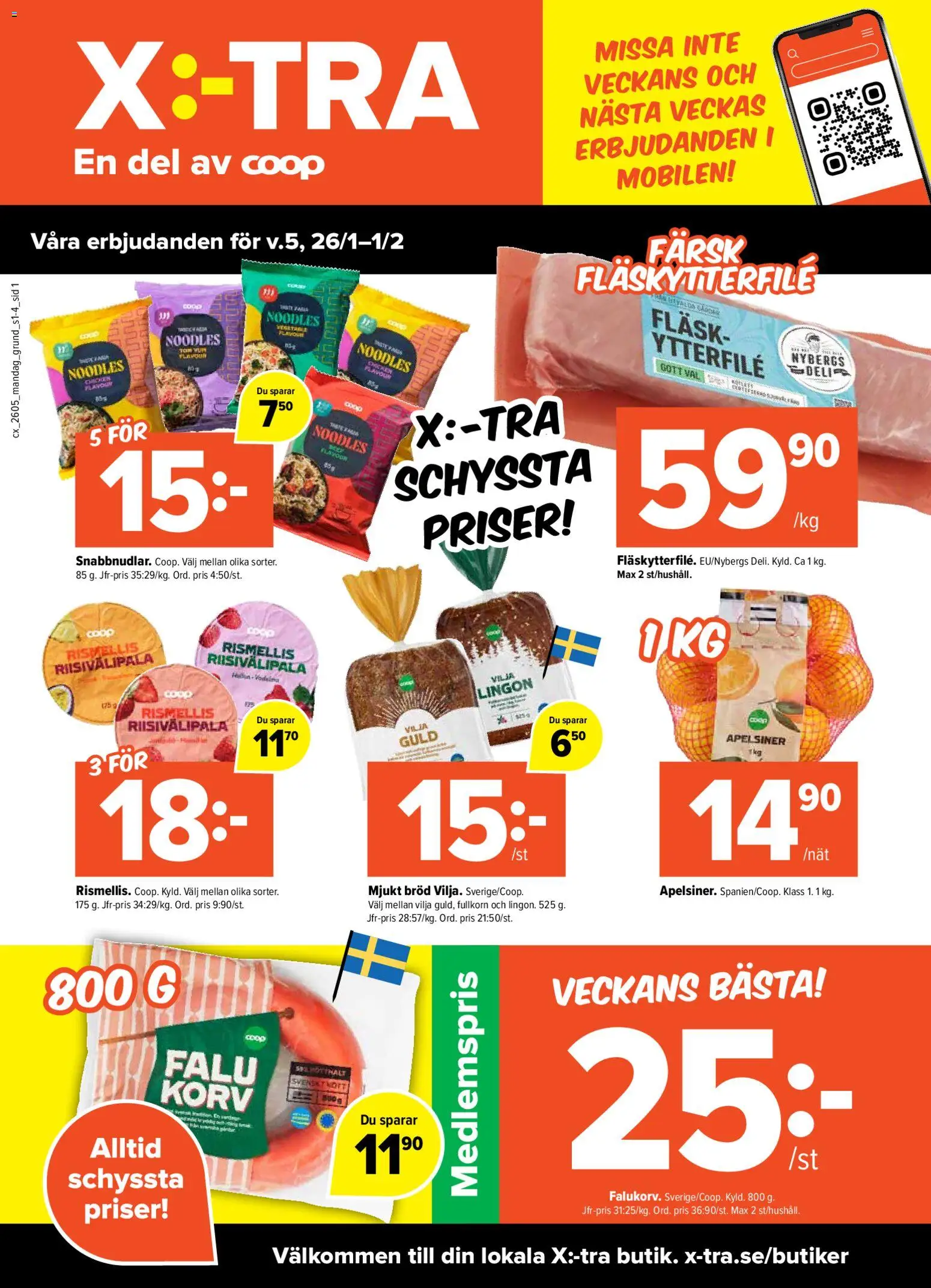 Coop X:-TRA reklamblad aktuell från 26.01.2026 | Sida: 1 | Produkter: Fläskytterfilé, Bröd, Fläsk, Apelsiner