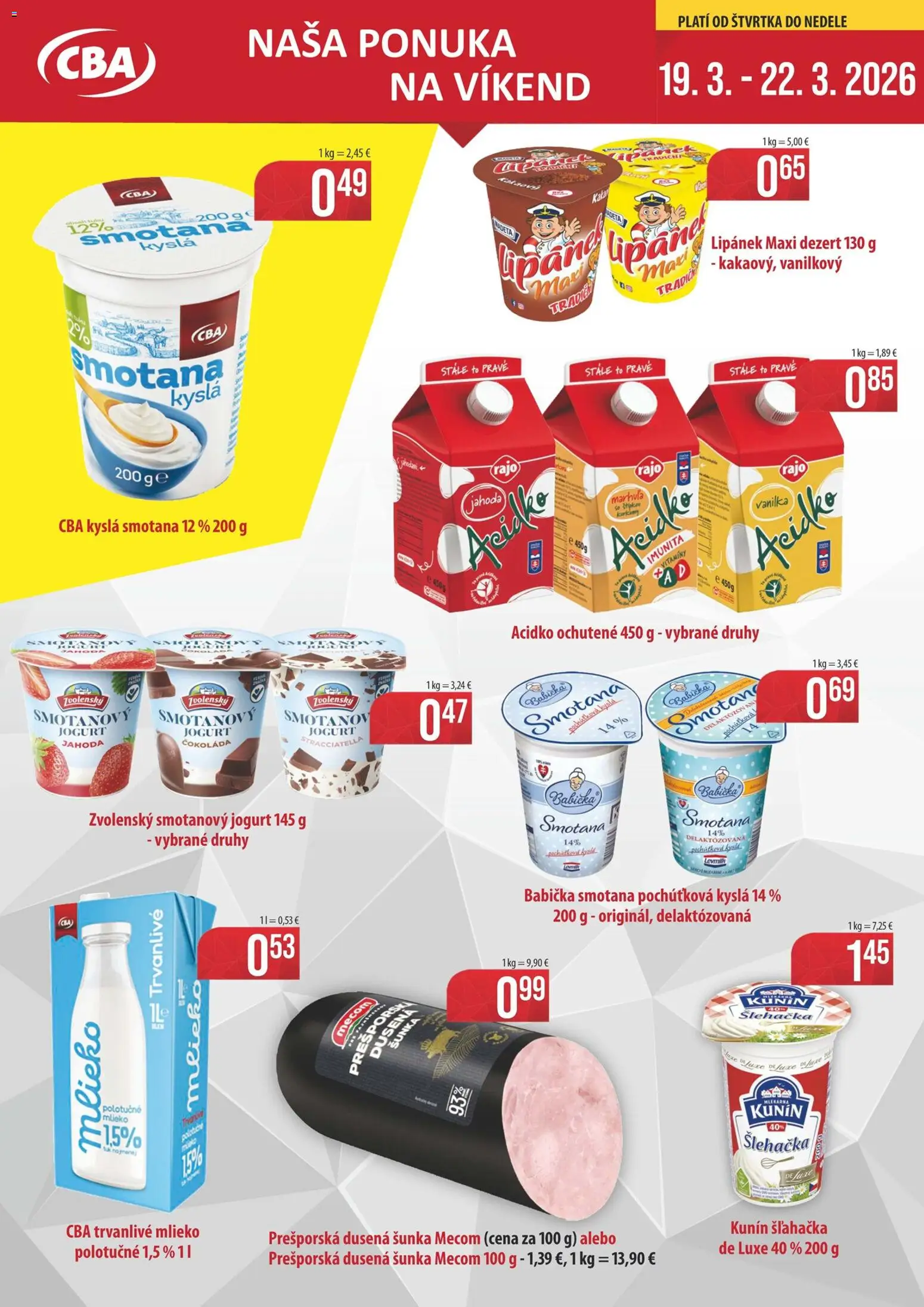 Nové Sintra akcie – leták je platný od 19.03.2026 | Strana: 1 | Produkty: Mlieko, Jogurt, Trvanlivé mlieko, Šľahačka