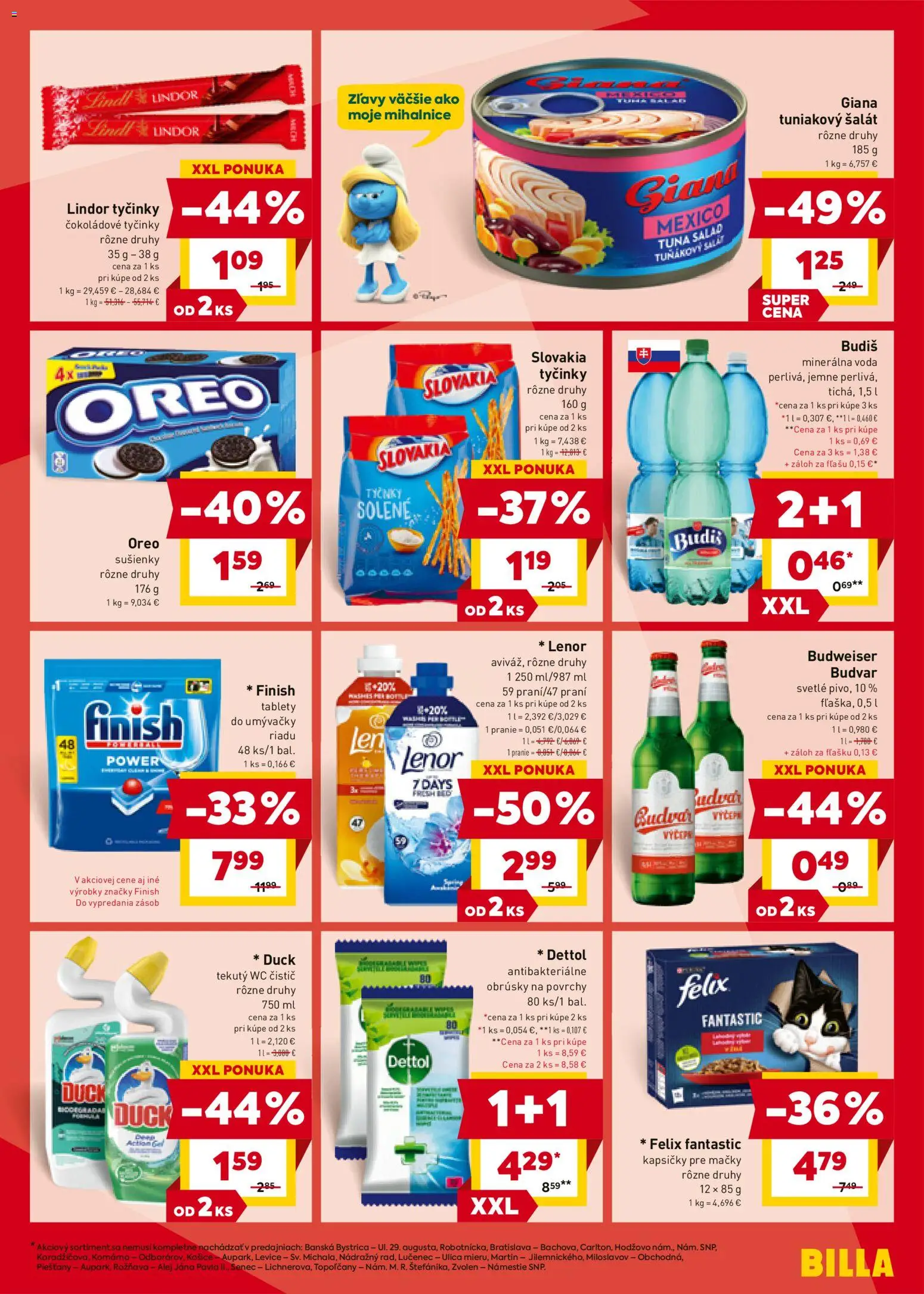 Nové Billa akcie – leták je platný od 07.01.2026 | Strana: 13 | Produkty: Lindt, Budiš, Minerálna voda, Dettol