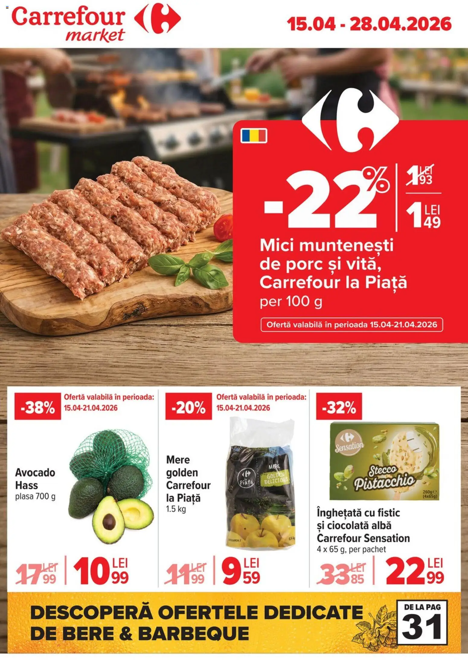Noul catalog Carrefour – valabil de la 15.04.2026 | Pagină: 1 | Produse: Mici, Ciocolată, Mere, Avocado
