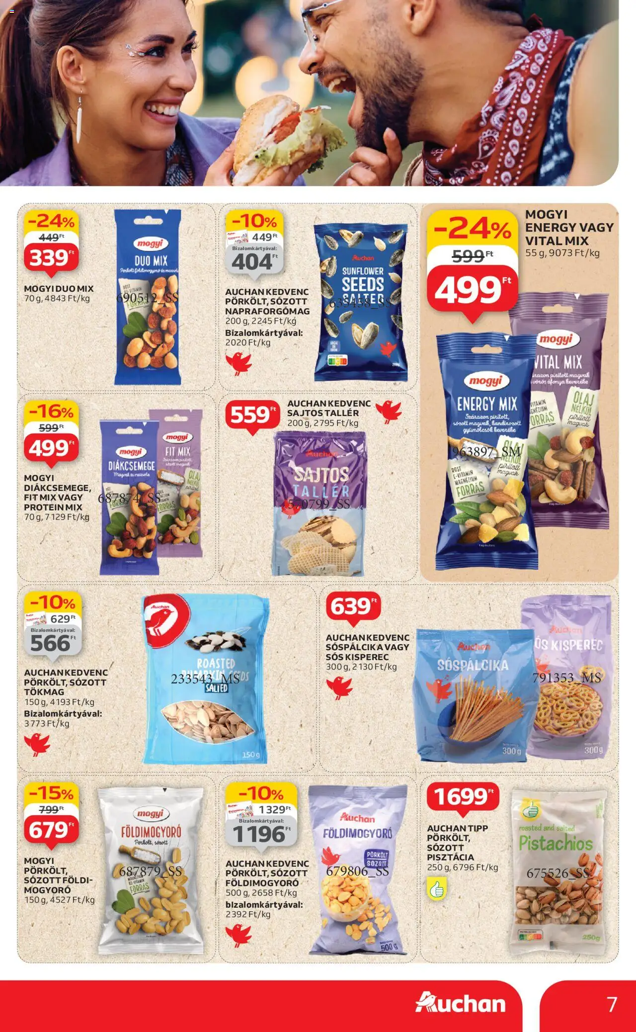 Auchan akciós ujság - amely érvényes a következő dátumtól: 19.06.2025 | Oldal: 7 | Termékek: Sajtos tallér, Napraforgómag, Diákcsemege, Vörös áfonya