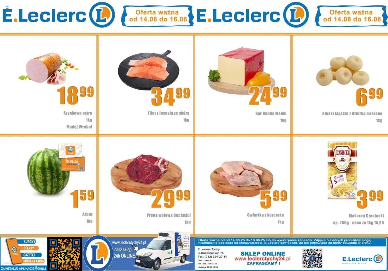 E.Leclerc Gazetka - Tychy od 14.08.2025 | Strona: 1 | Produkty: Arbuz, Kluski śląskie, Ser, Makaron