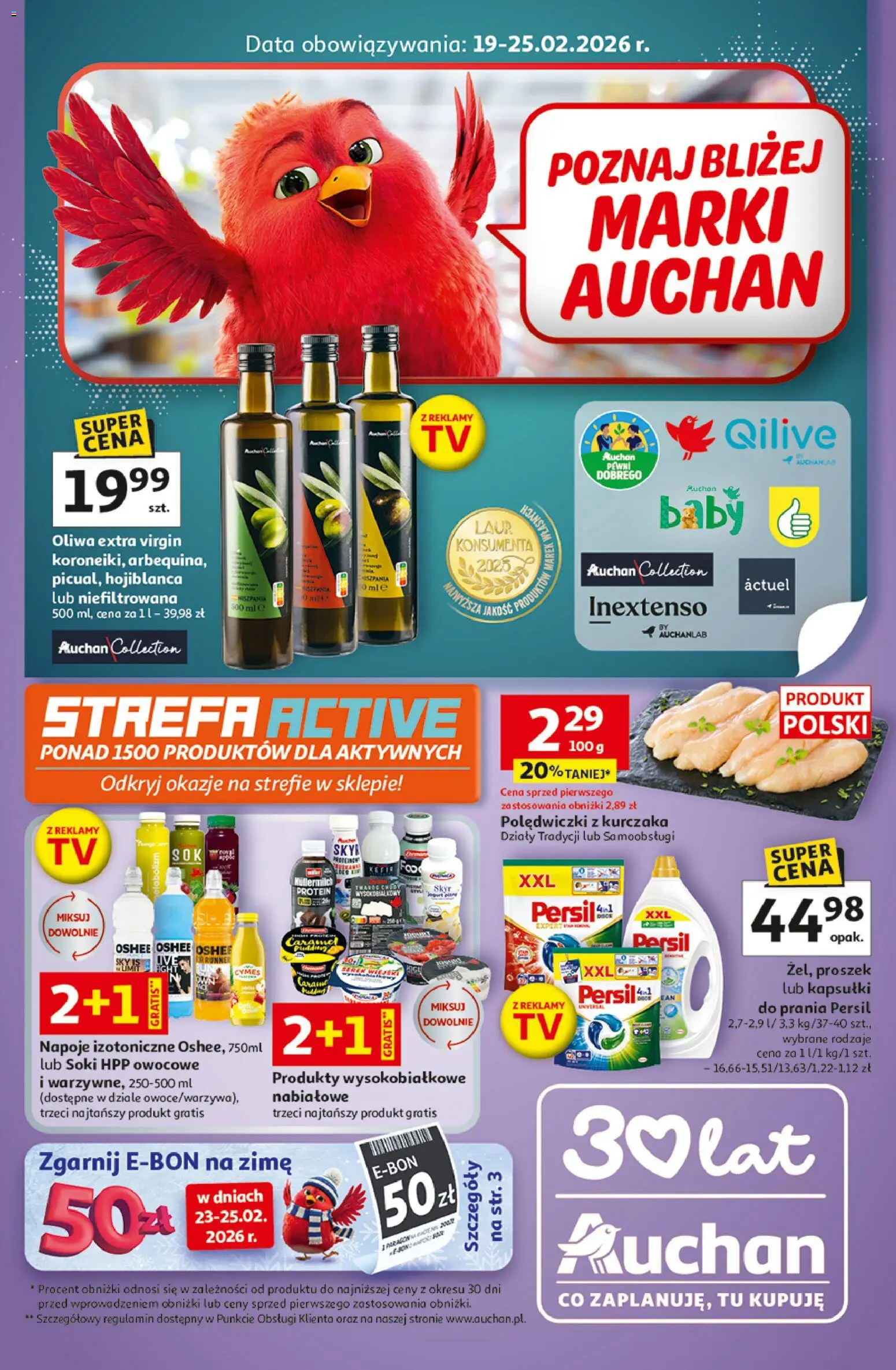 Auchan Gazetka - 30 Lat Hipermarket od 19.02.2026 | Strona: 1 | Produkty: Persil, Napoje, Soki, Oliwa extra virgin
