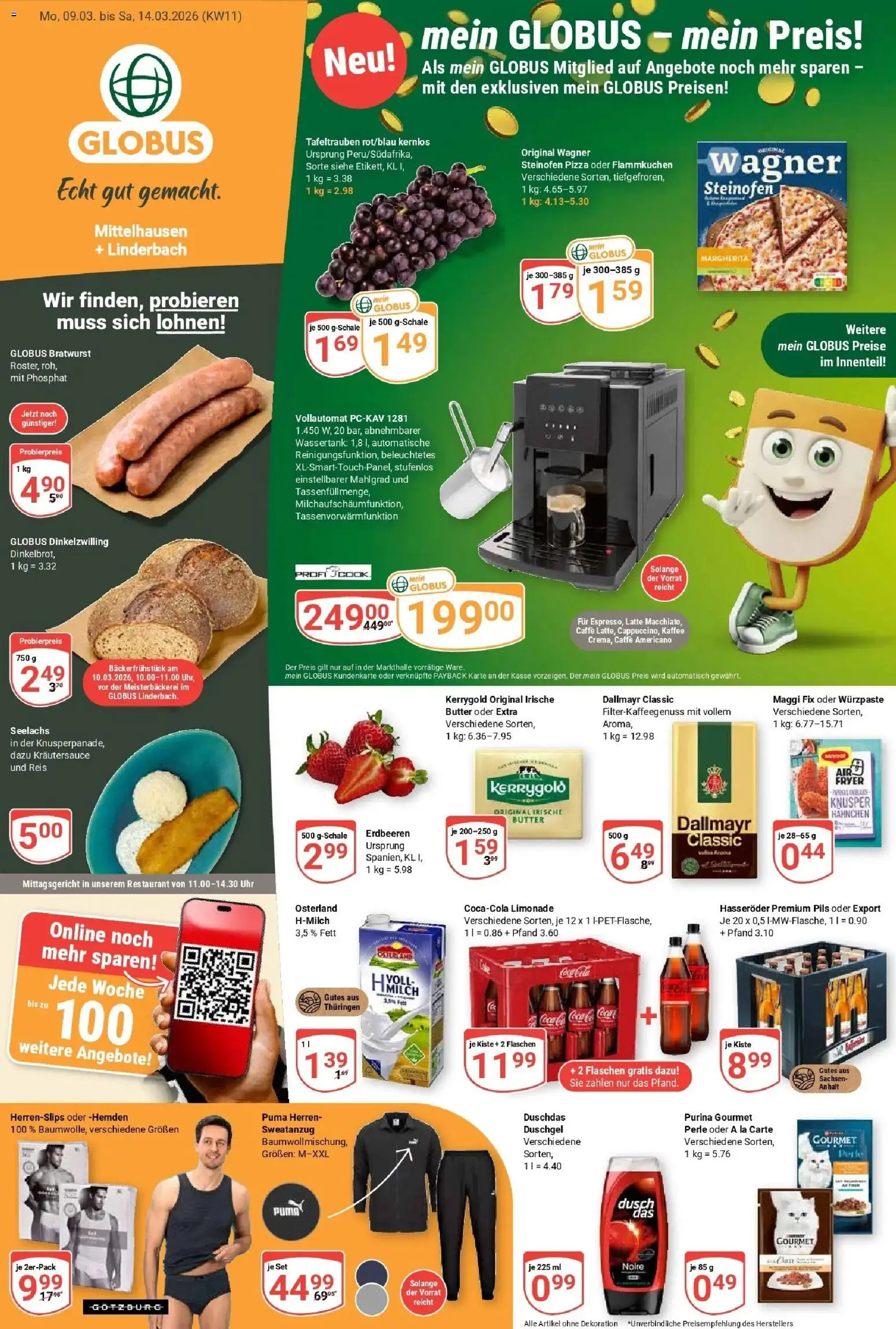 Globus prospekt Erfurt-Linderbach	 – gültig ab 09.03.2026 | Seite: 1 | Produkte: Hahnchen, Butter, Dallmayr, Duschdas