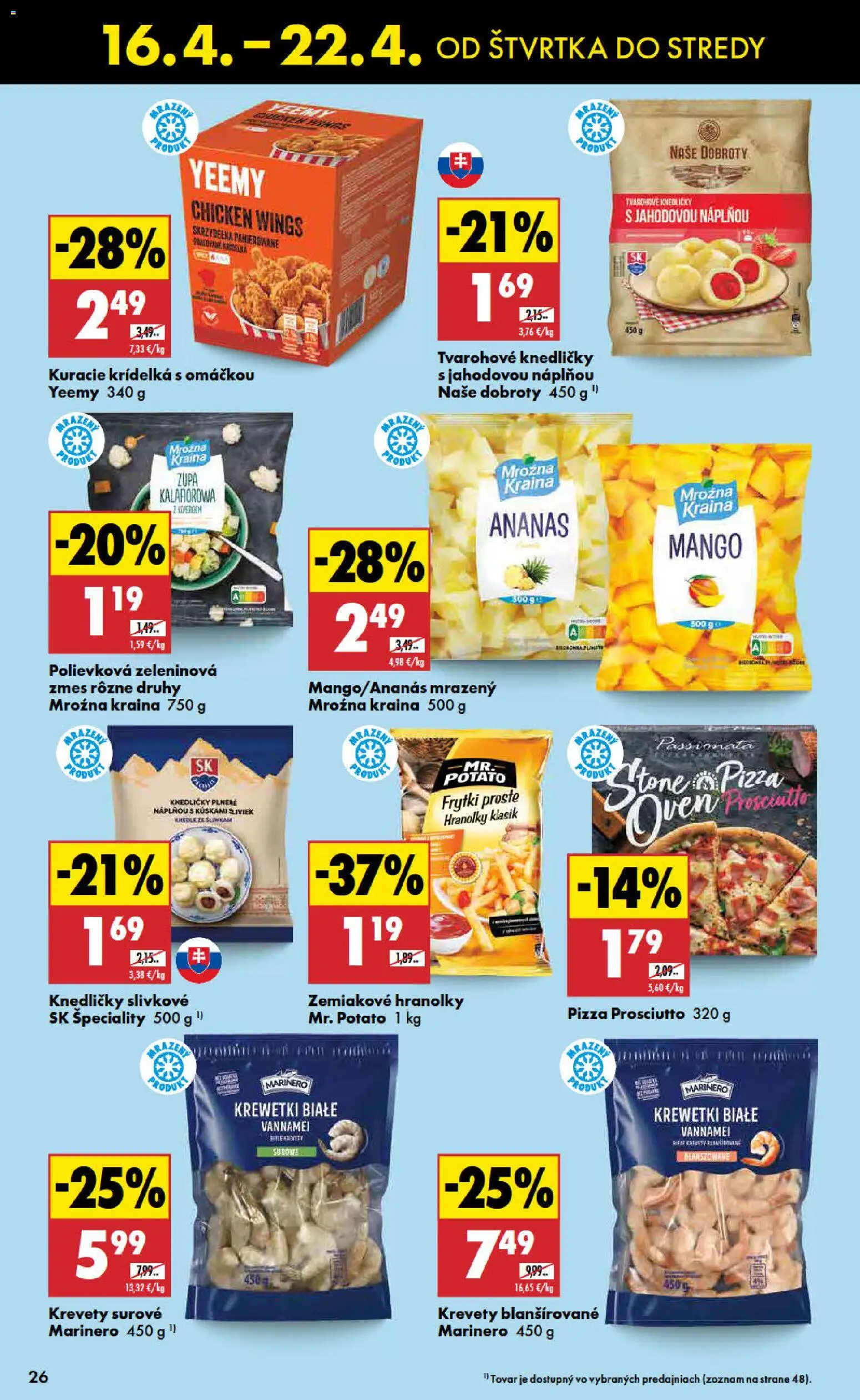 Nové Biedronka akcie – leták je platný od 16.04.2026 | Strana: 26 | Produkty: Krevety, Pizza, Ananás, Mango
