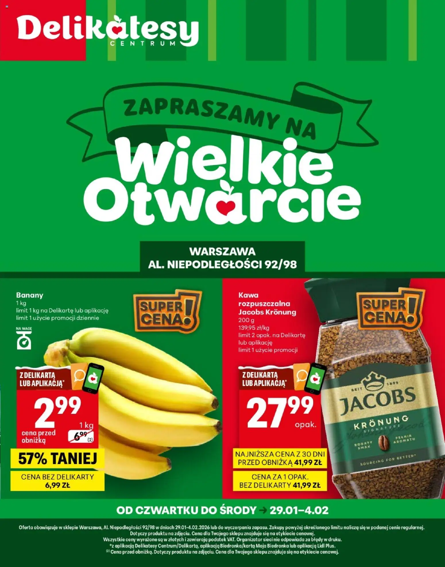 Delikatesy Centrum Gazetka - Warszawa Otwarcie od 29.01.2026 | Strona: 1 | Produkty: Delikatesy, Kawa, Banany