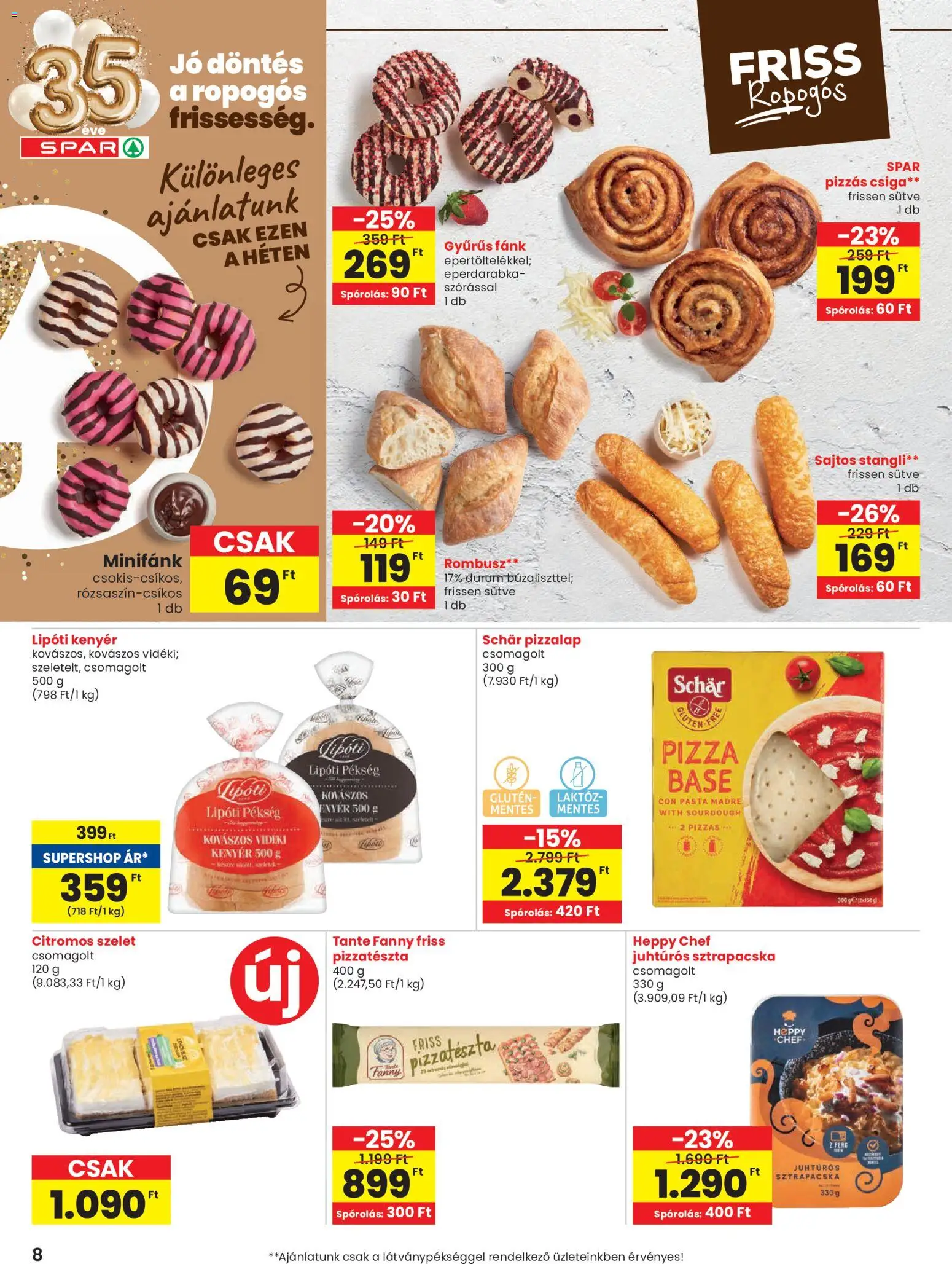 Spar akciós ujság - amely érvényes a következő dátumtól: 15.01.2026 | Oldal: 8 | Termékek: Fánk, Stangli, Kenyér, Pizza