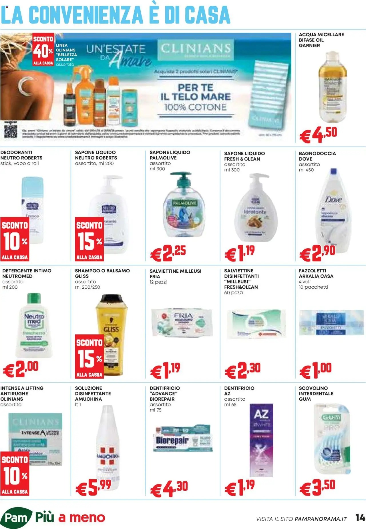 Volantino PAM del 07.08.2025 | Pagina: 14 | Prodotti: Shampoo, Detergente, Fazzoletti, Acqua