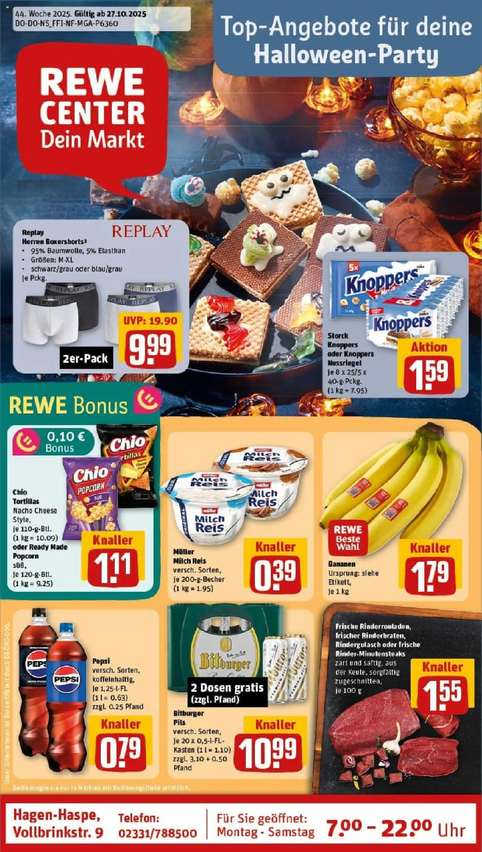 Rewe prospekt Hagen	 – gültig ab 26.10.2025 | Seite: 1 | Produkte: Milch, Pudding, Chips, Uhr