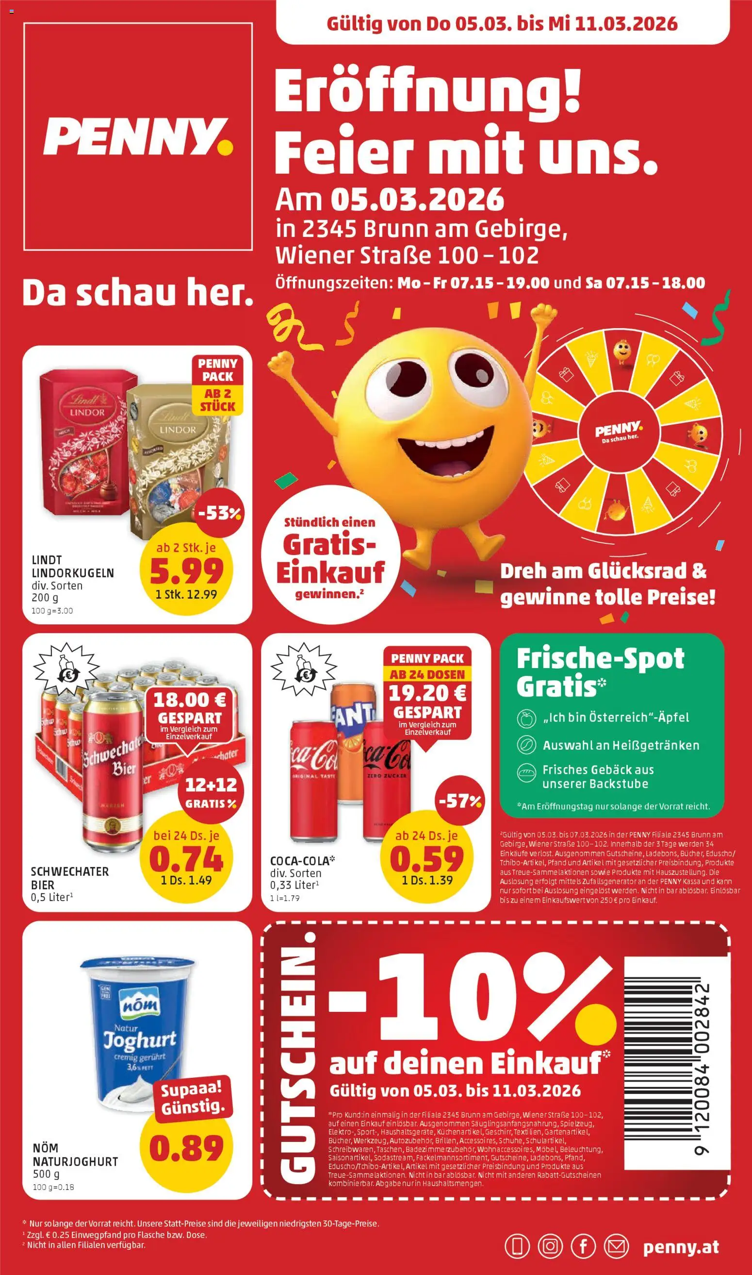 Penny Markt Eröffnung in 2345 Brunn am Gebirge gültig ab 05.03.2026 | Seite: 1 | Produkte: Zucker, Joghurt, Bier