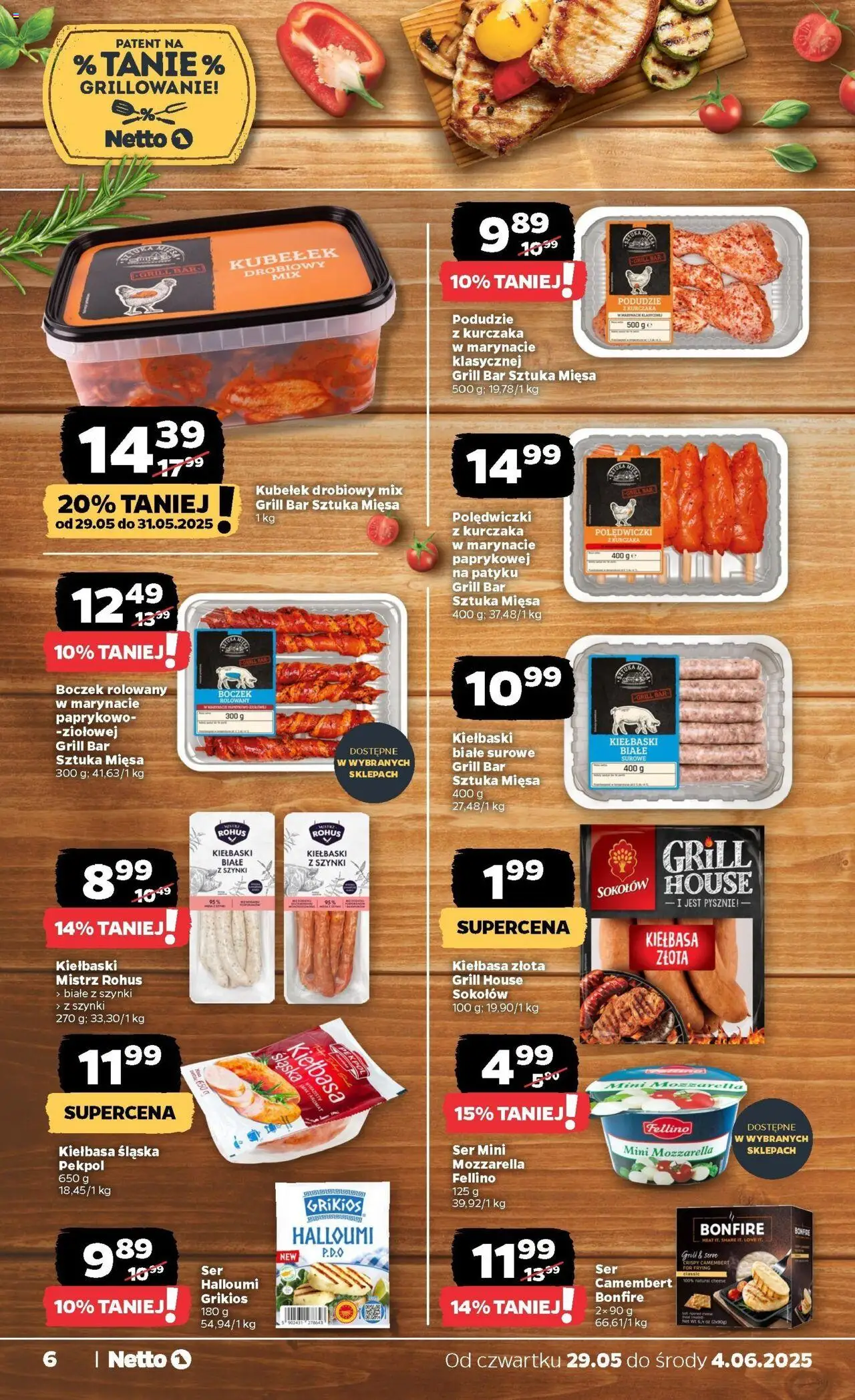 Netto gazetka - Spożywcza od 29.05.2025 | Strona: 6 | Produkty: Halloumi, Ser camembert, Podudzie z kurczaka, Kiełbaski