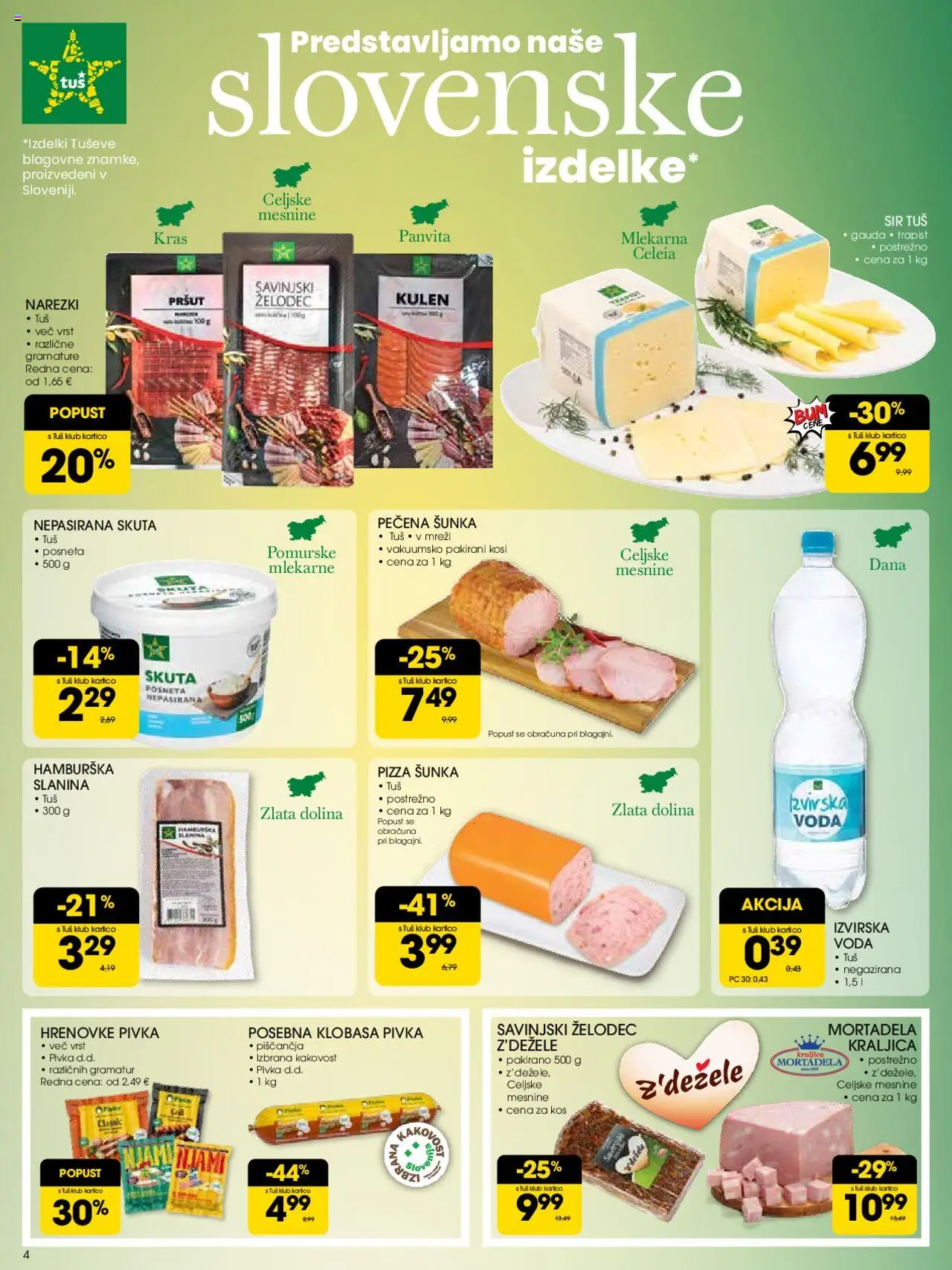 Novi Tuš katalog ponudbe – veljaven od 17.09.2025 | Stran: 4 | Izdelki: Pršut, Slanina, Skuta, Voda