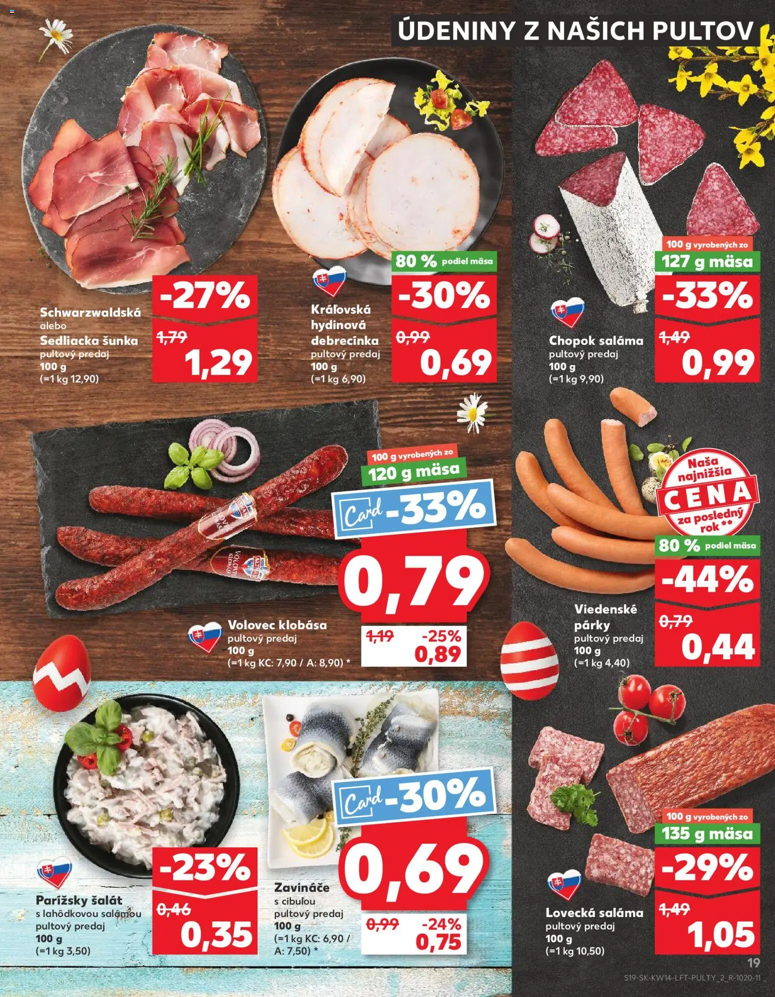 Nové Kaufland akcie – leták je platný od 01.04.2026 | Strana: 19 | Produkty: Saláma, Šunka, Klobása, Párky