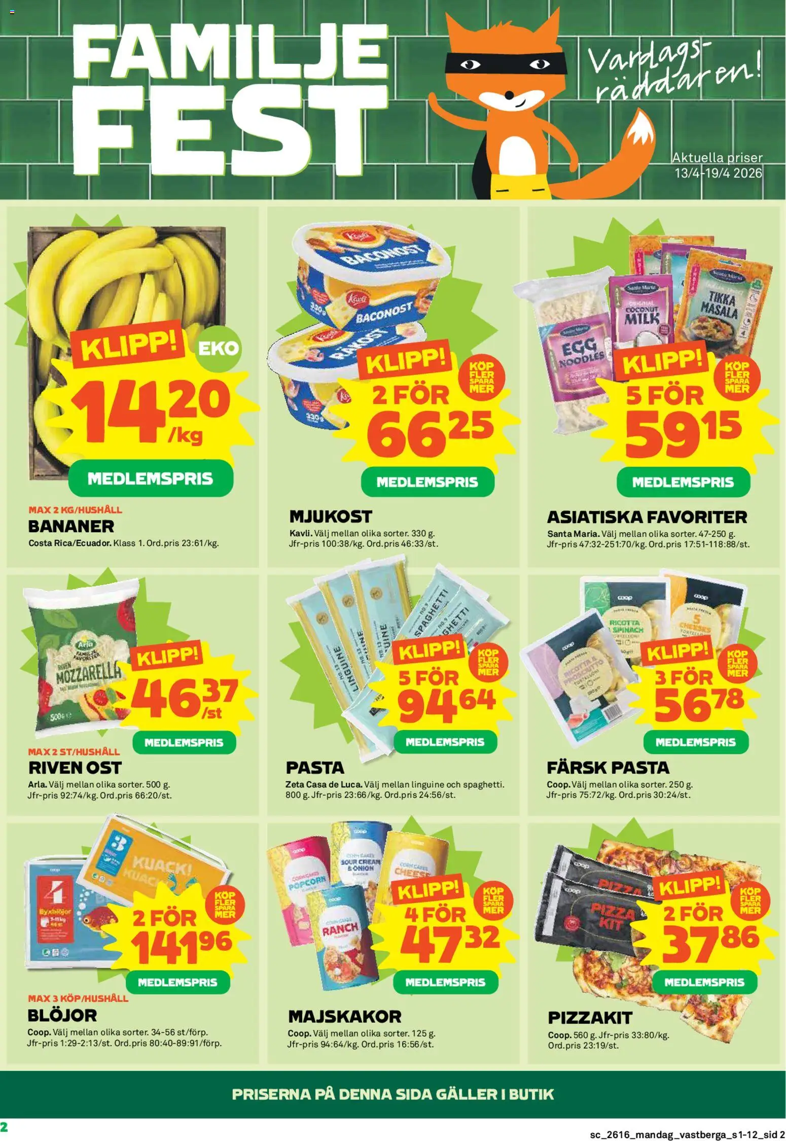 Coop Forum reklamblad aktuell från 13.04.2026 | Sida: 2 | Produkter: Galler, Majskakor, Riven ost, Pizza