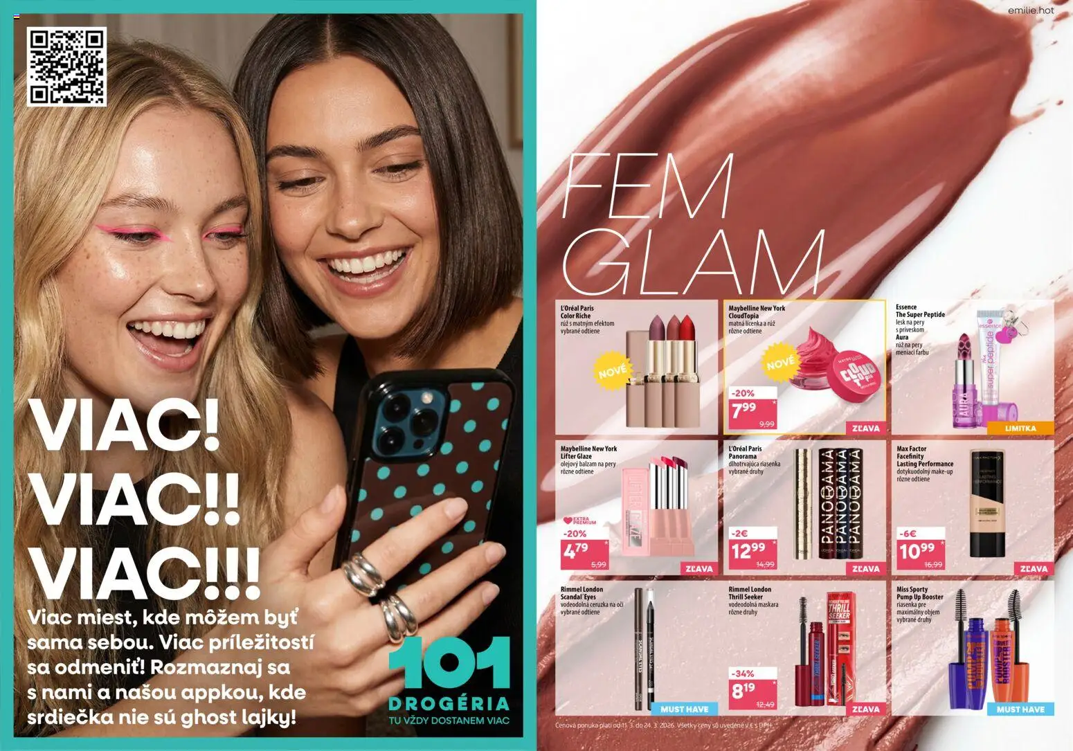 Nové 101 drogerie akcie – leták je platný od 26.03.2026 | Strana: 4 | Produkty: Lícenka, Rúž na pery, Lesk na pery, Ceruzka