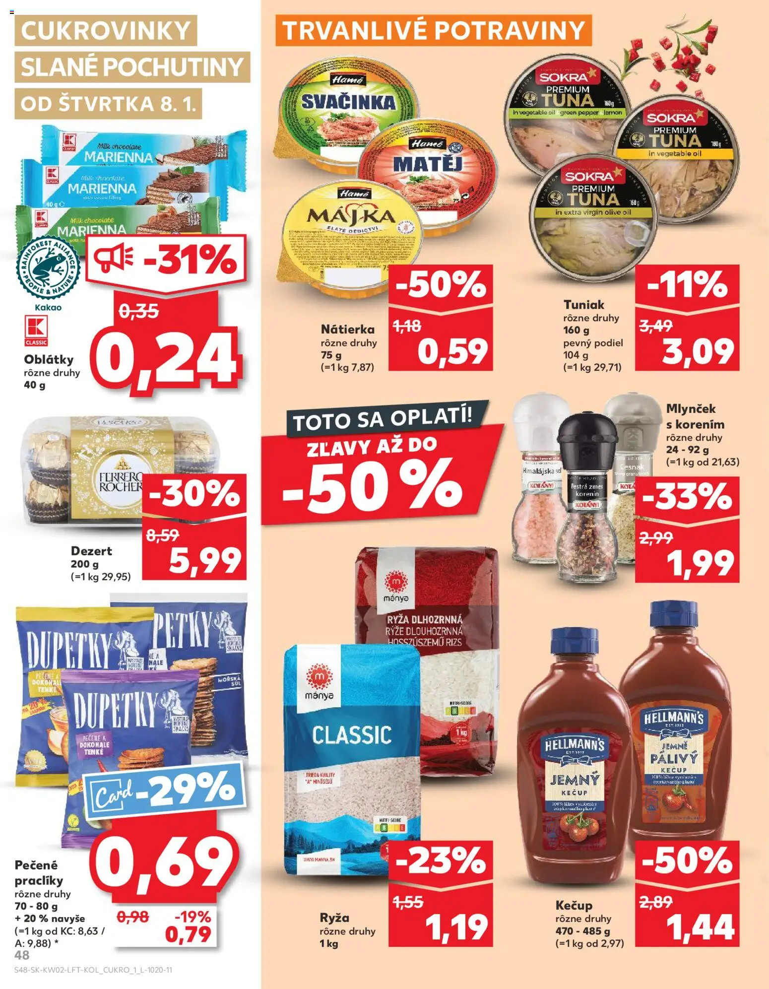 Nové Kaufland akcie – leták je platný od 08.01.2026 | Strana: 48 | Produkty: Tuniak, Ryža, Kečup, Mlynček