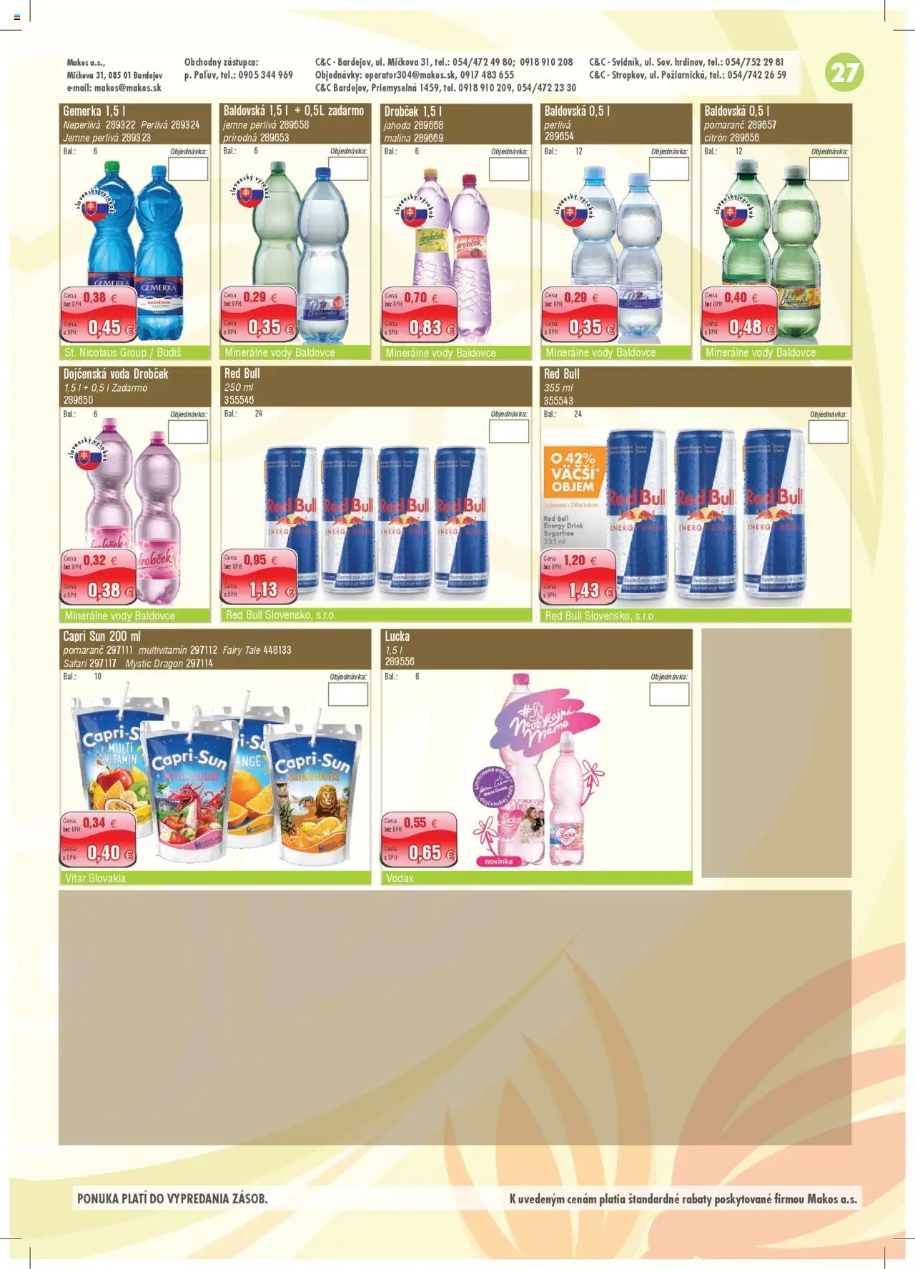 Nové Makos akcie – leták je platný od 29.09.2025 | Strana: 27 | Produkty: Red Bull, Voda, Gemerka, Baldovská