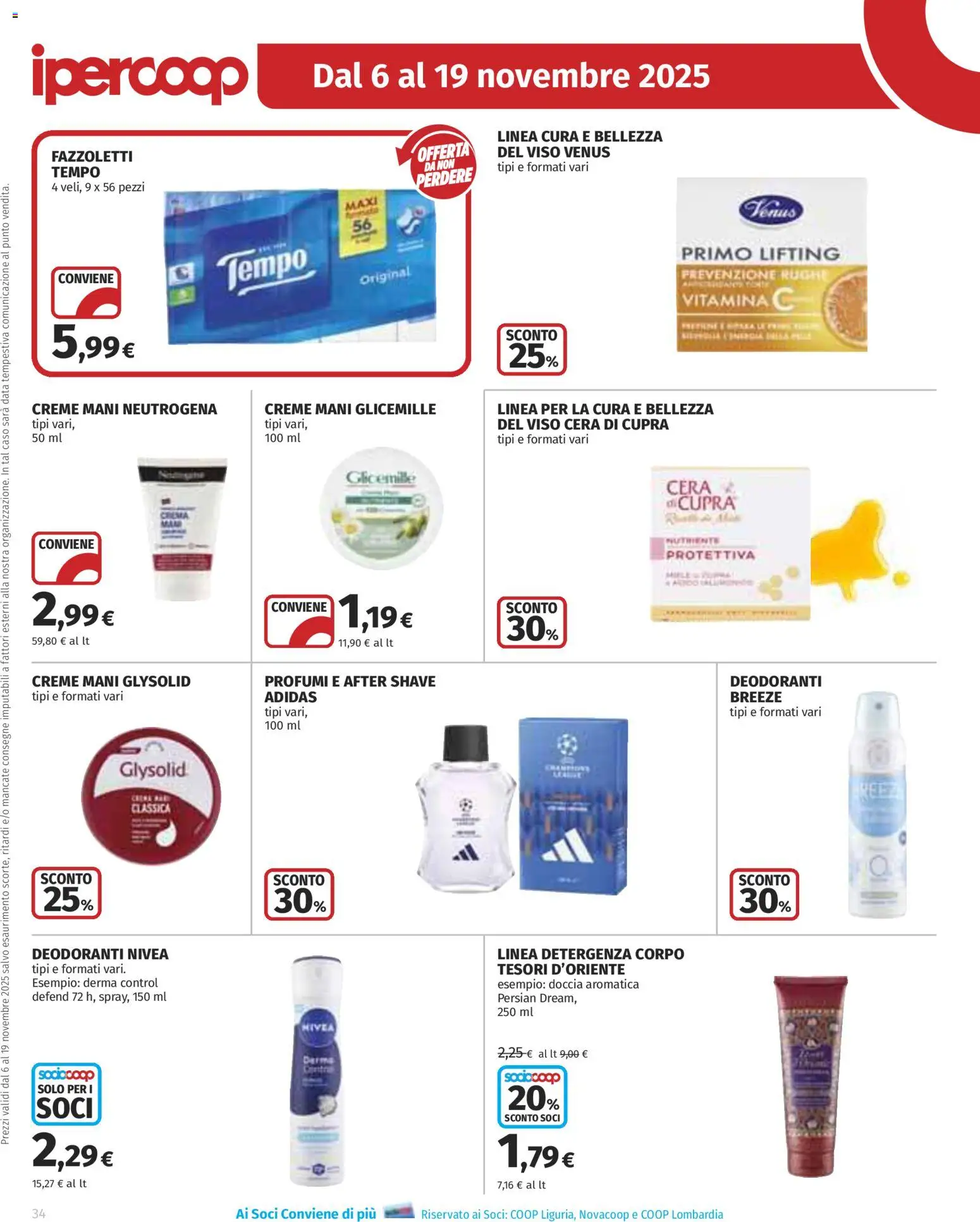 Volantino Ipercoop del 06.11.2025 | Pagina: 34 | Prodotti: Crema, Fazzoletti, Data, Doccia