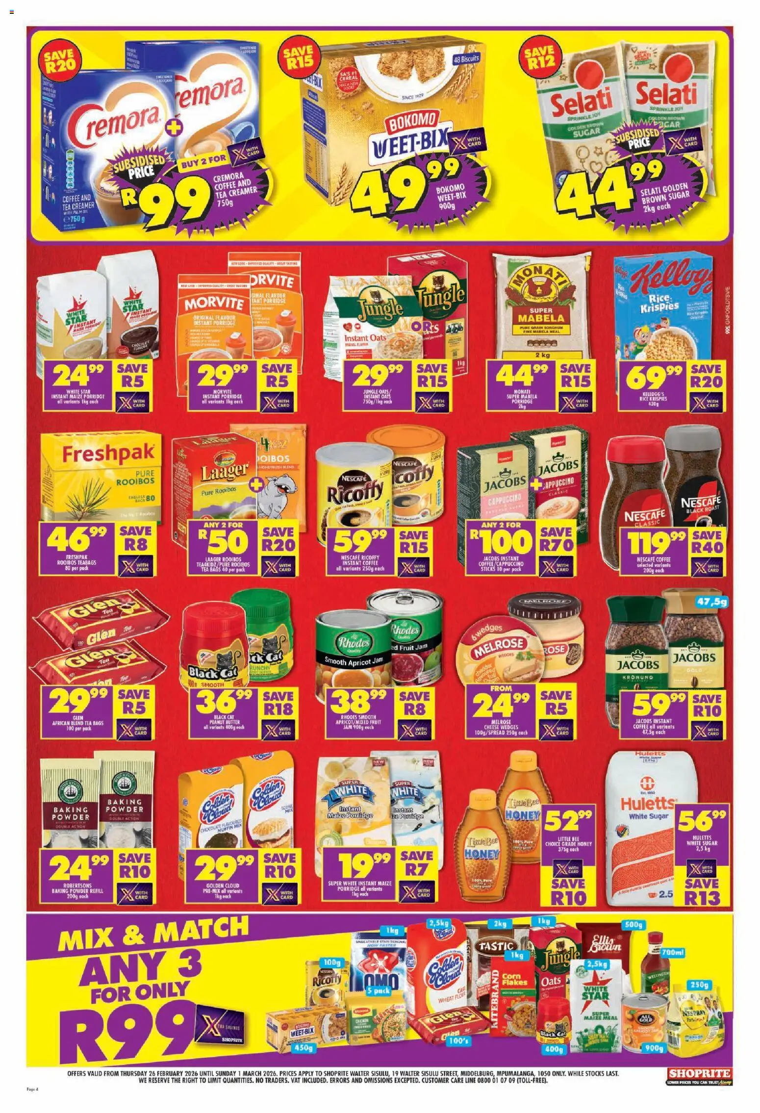 New Shoprite catalogue – valid from 26.02.2026 | Page: 4 | Products: Jam, Oats, Creamer, Sugar