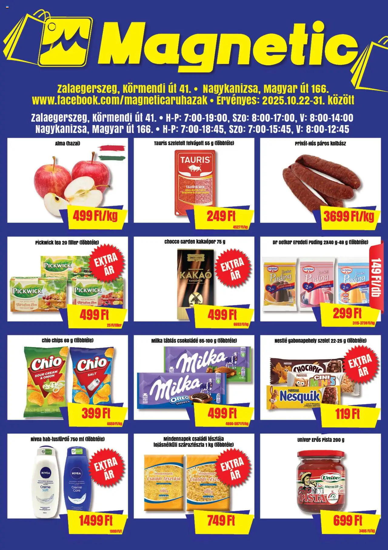 Magnetic akciós ujság - amely érvényes a következő dátumtól: 22.10.2025 | Oldal: 1 | Termékek: Chips, Kolbász, Csokoládé, Alma