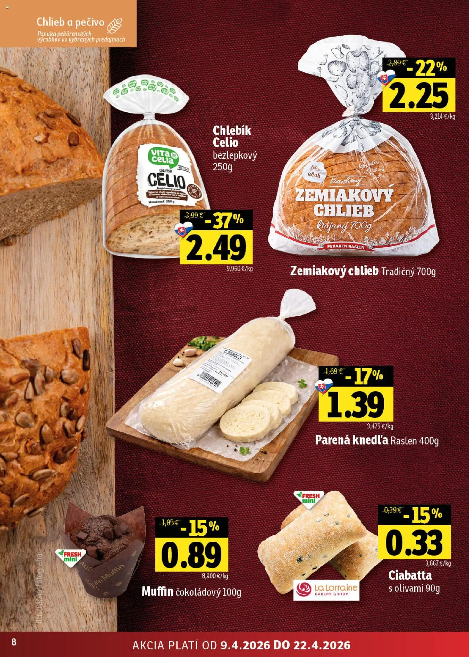 Nové Fresh akcie – leták je platný od 09.04.2026 | Strana: 8 | Produkty: Pekáreň, Chlieb