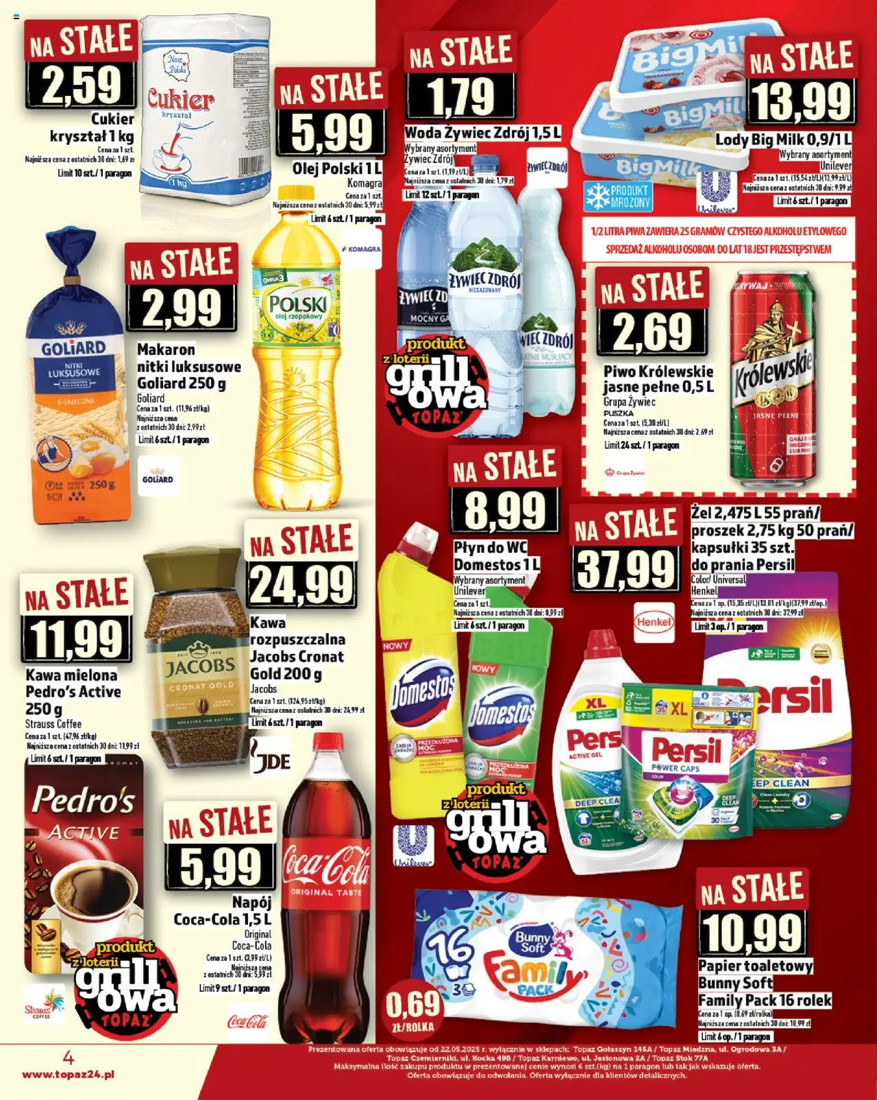 Topaz Gazetka - Ceny małe na stałe od 12.06.2025 | Strona: 4 | Produkty: Big Milk, Domestos, Płyn do WC Domestos, Detergent