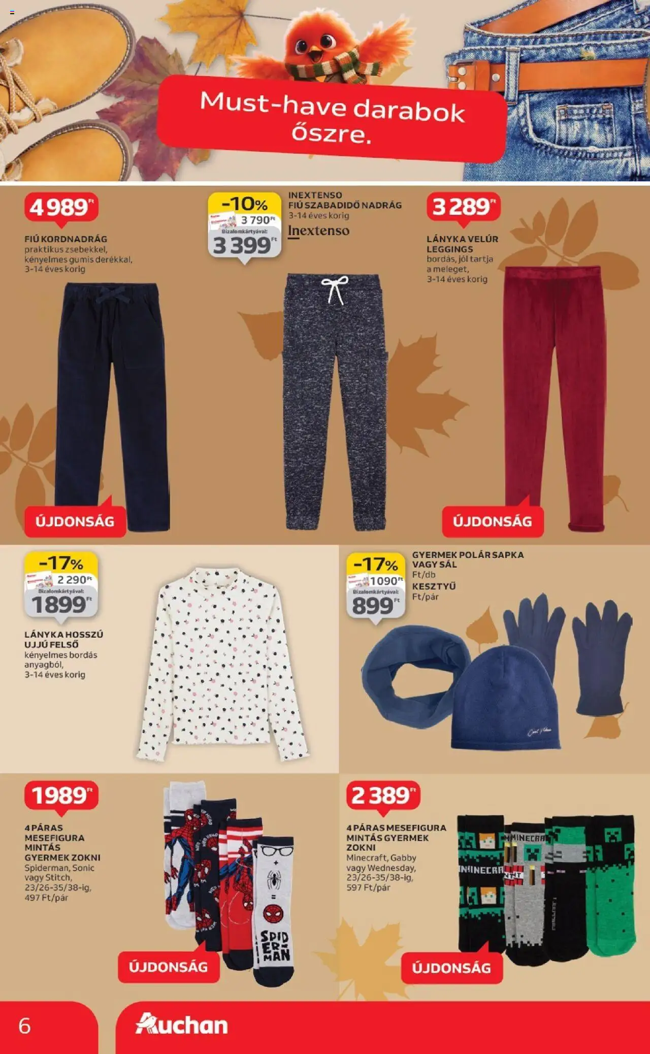 Auchan akciós ujság - amely érvényes a következő dátumtól: 02.10.2025 | Oldal: 6 | Termékek: Sapka, Kesztyű, Nadrág, Leggings