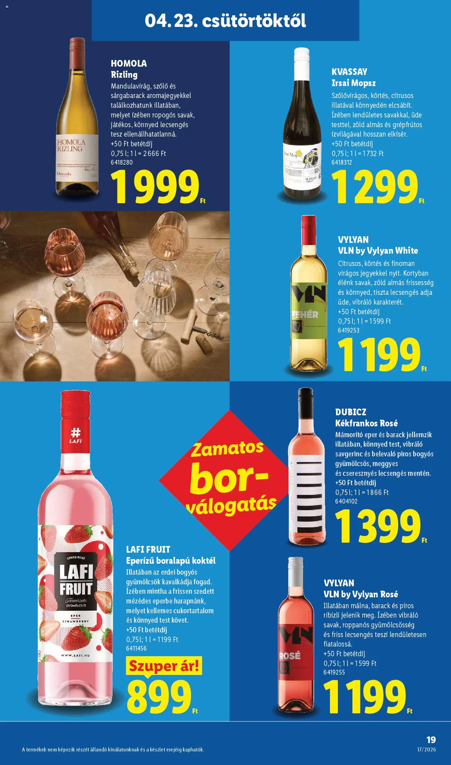Lidl akciós ujság - amely érvényes a következő dátumtól: 23.04.2026 | Oldal: 19 | Termékek: Szőlő, Sárgabarack, Bor, Eper
