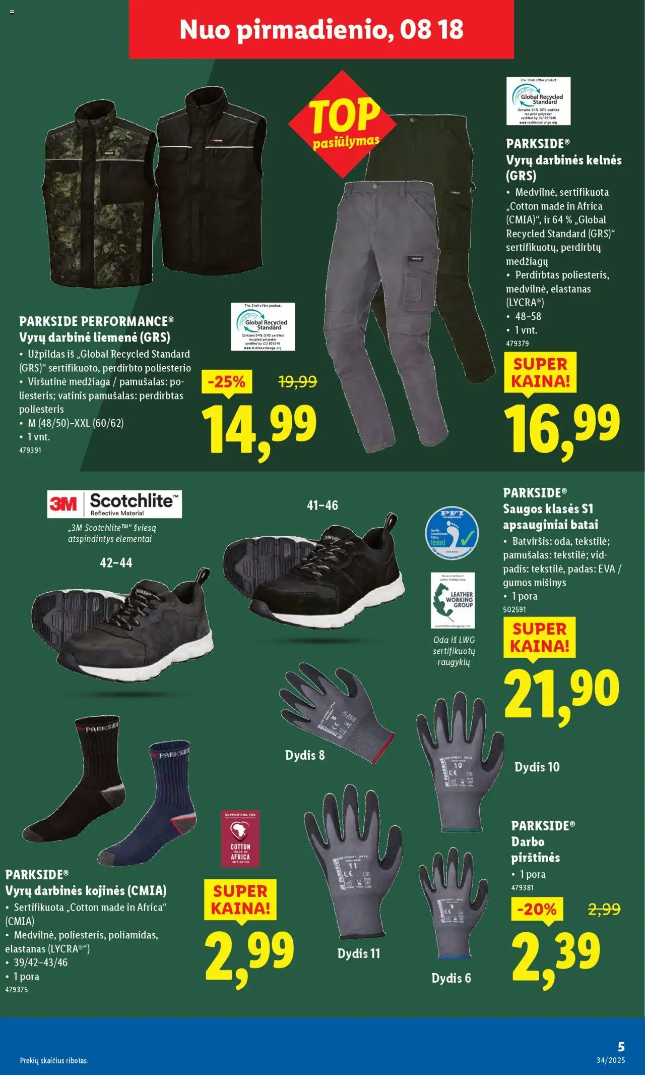 LIDL - Leidinys - Ne maisto prekių pasiūlymai│galioja nuo 18.08.2025 | Puslapis: 5 | Prekių: Liemenė, Kelnes, Kojinės, Pirštines